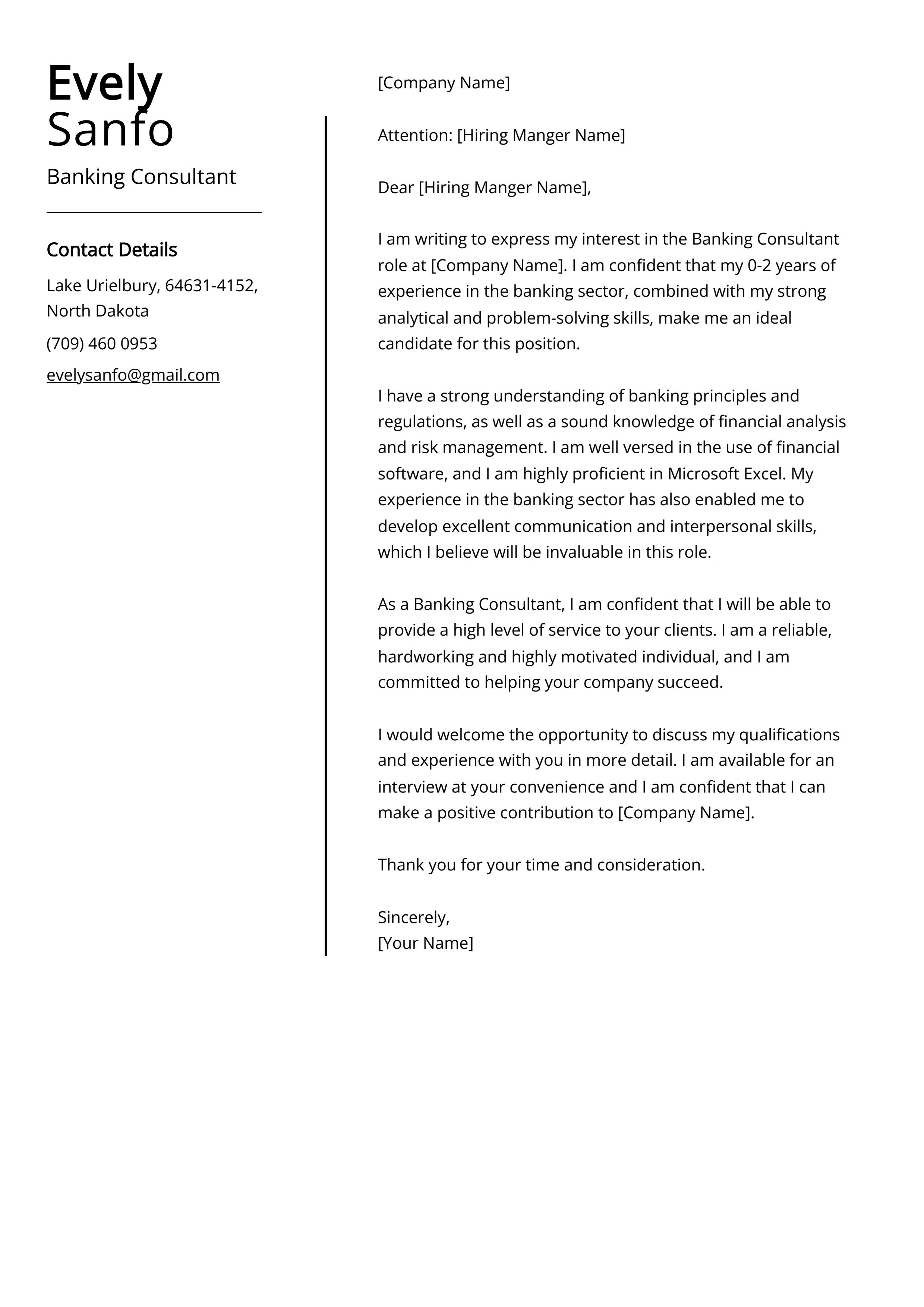 Banking Consultant Cover Letter Example Free Guide   Banking Consultant Cover Letter Example 