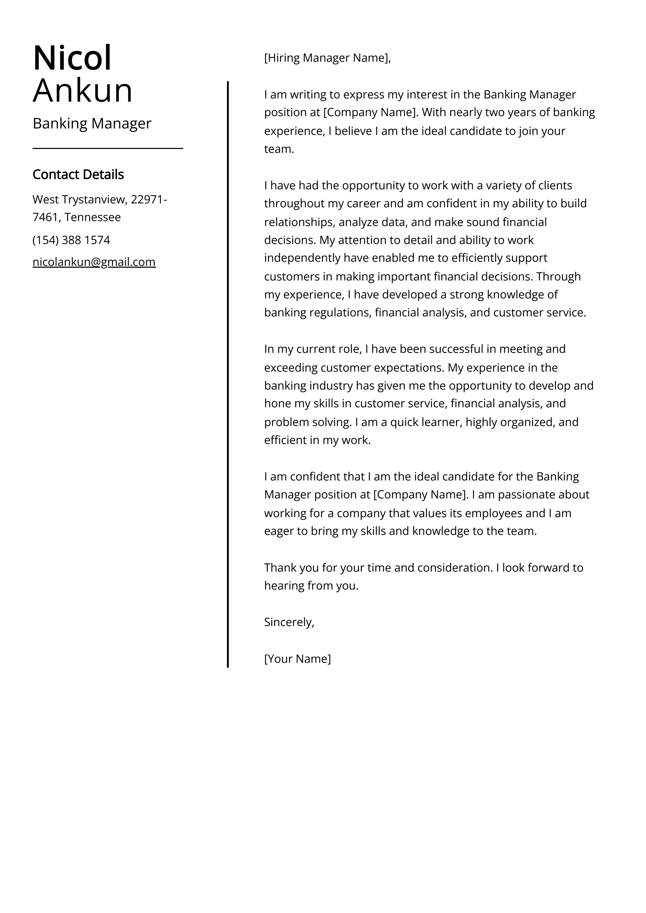 Banking Manager Cover Letter Example
