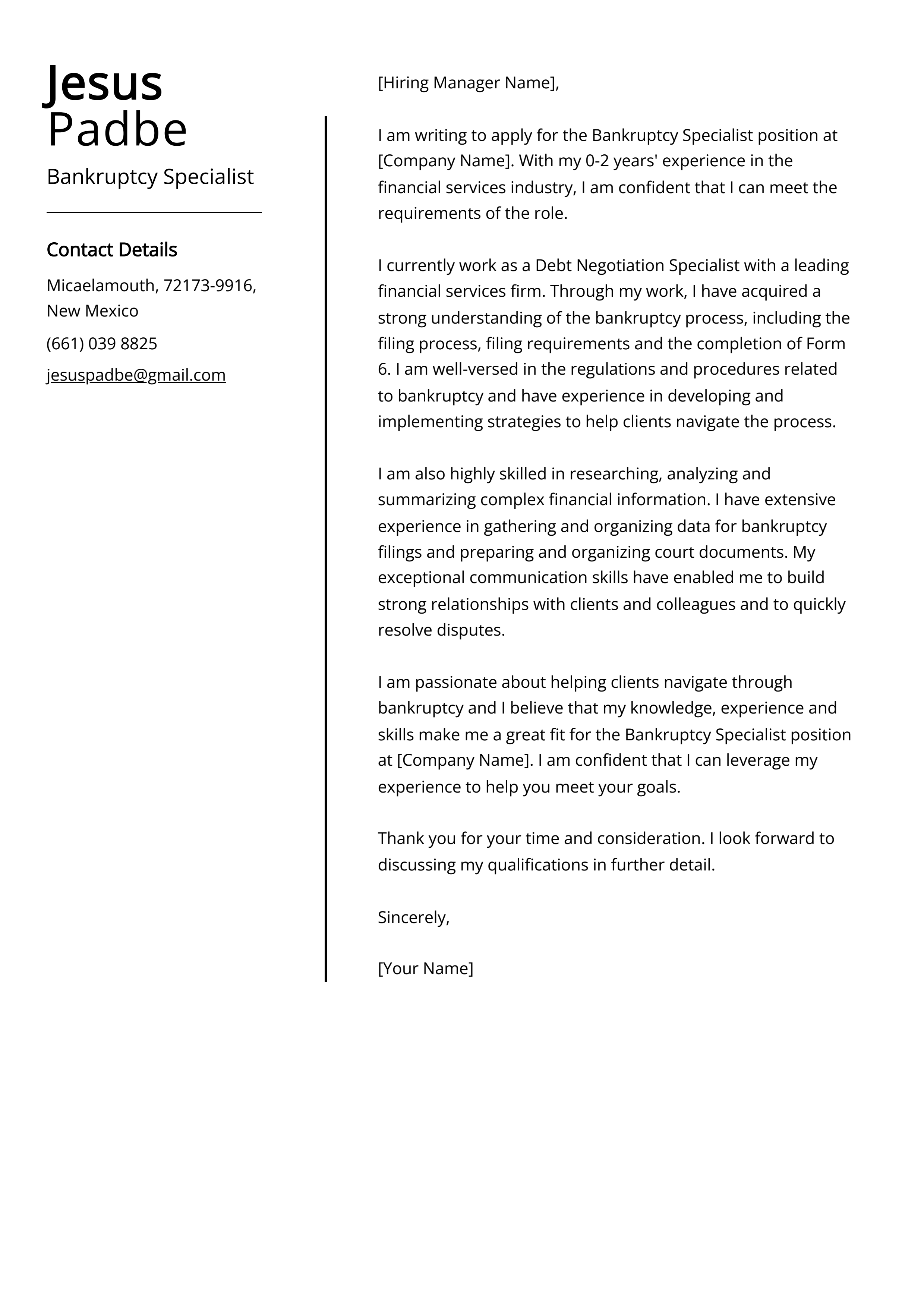Bankruptcy Specialist Cover Letter Example