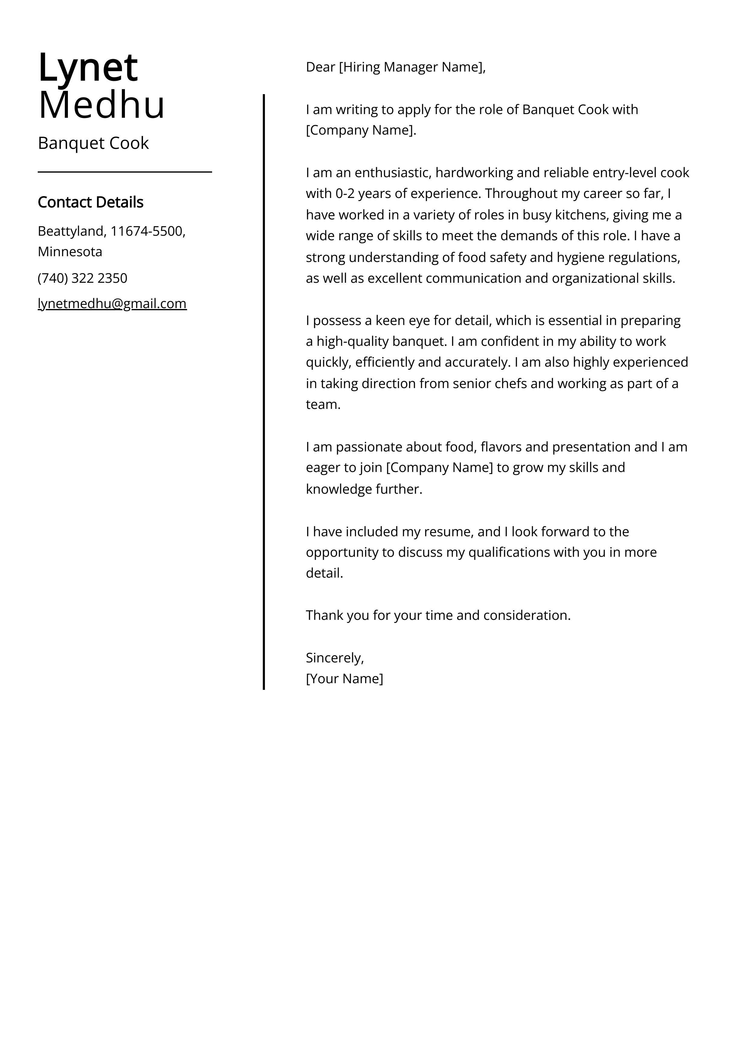 Banquet Cook Cover Letter Example
