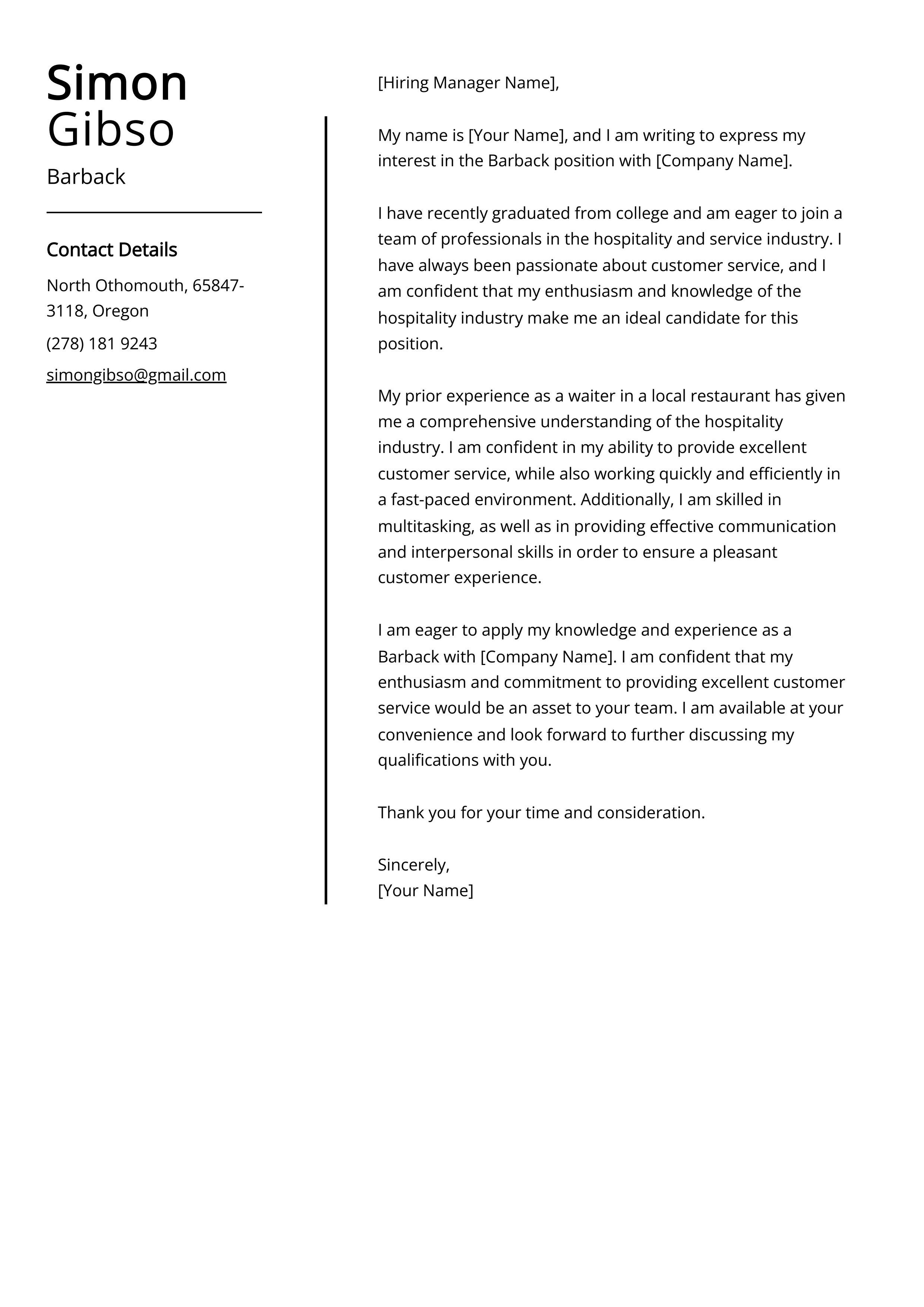 Barback Cover Letter Example