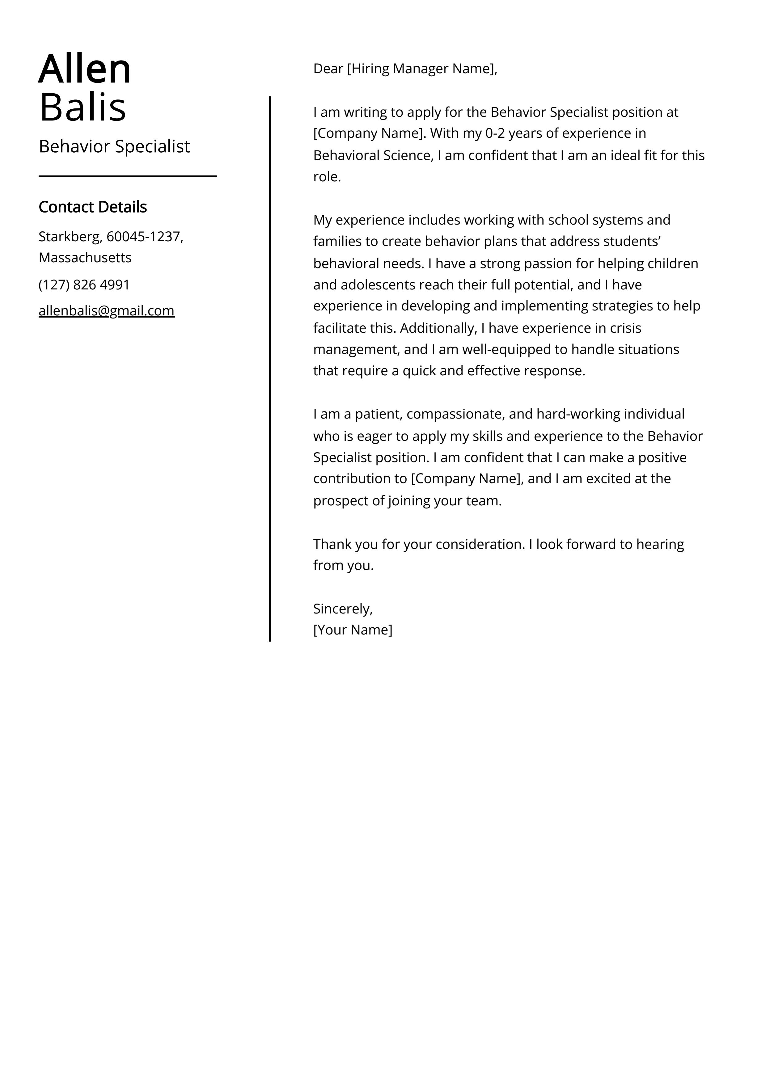 Behavior Specialist Cover Letter Example