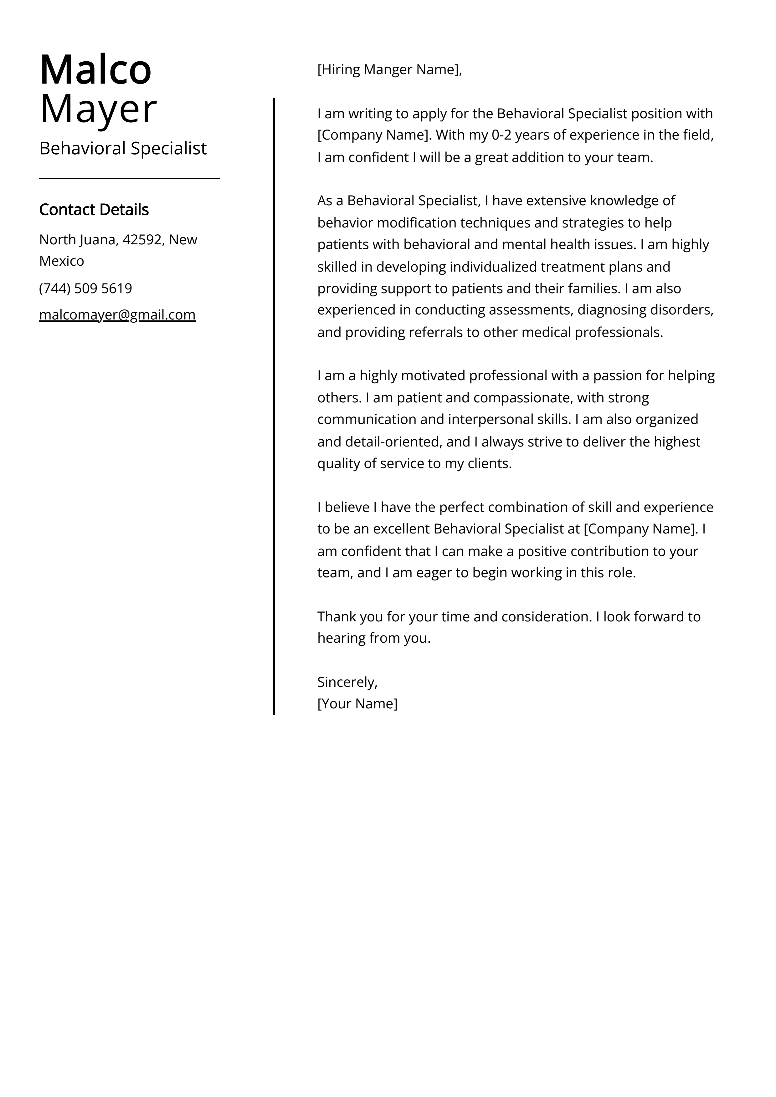 Behavioral Specialist Cover Letter Example