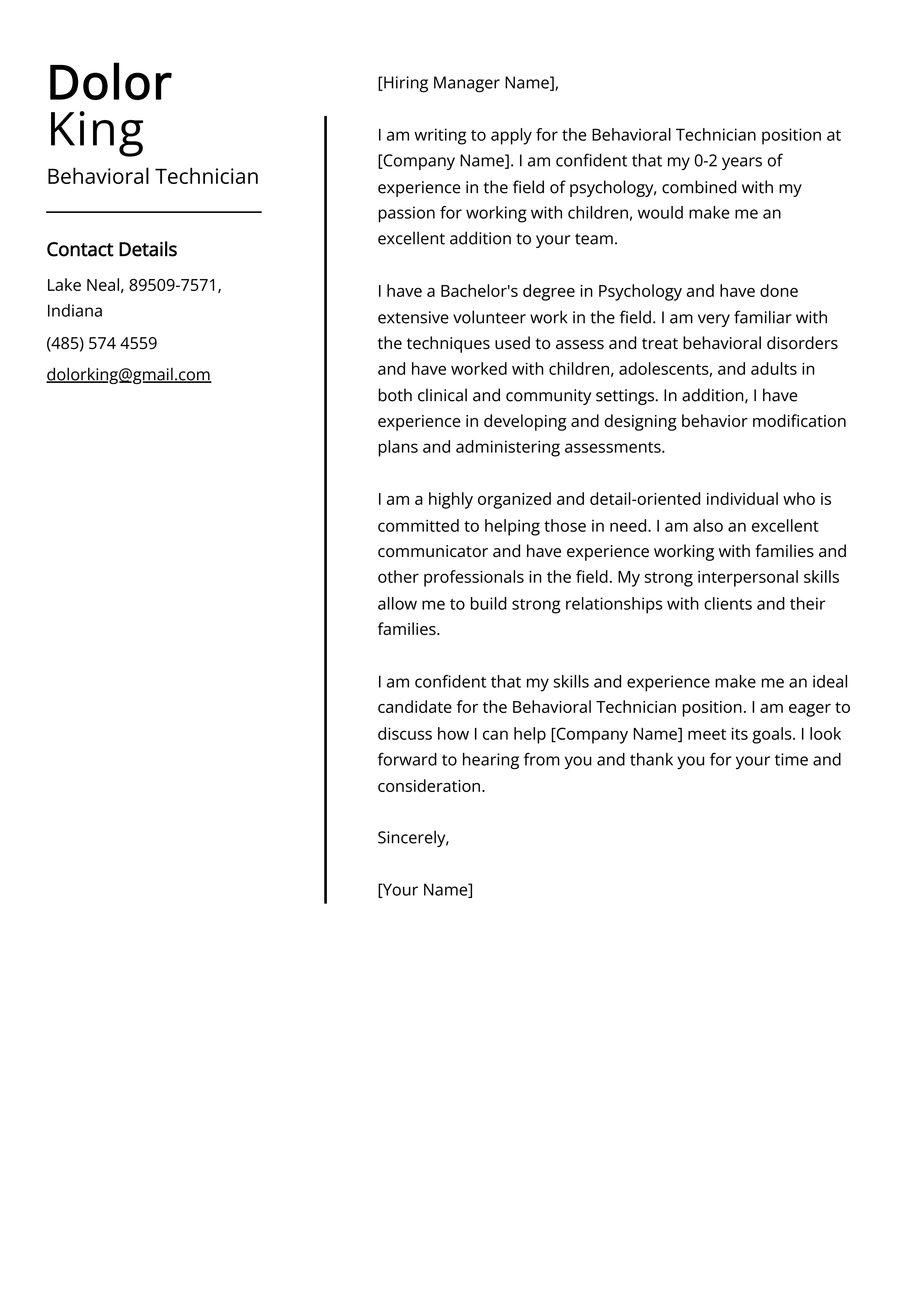 Behavioral Technician Cover Letter Example for 2024