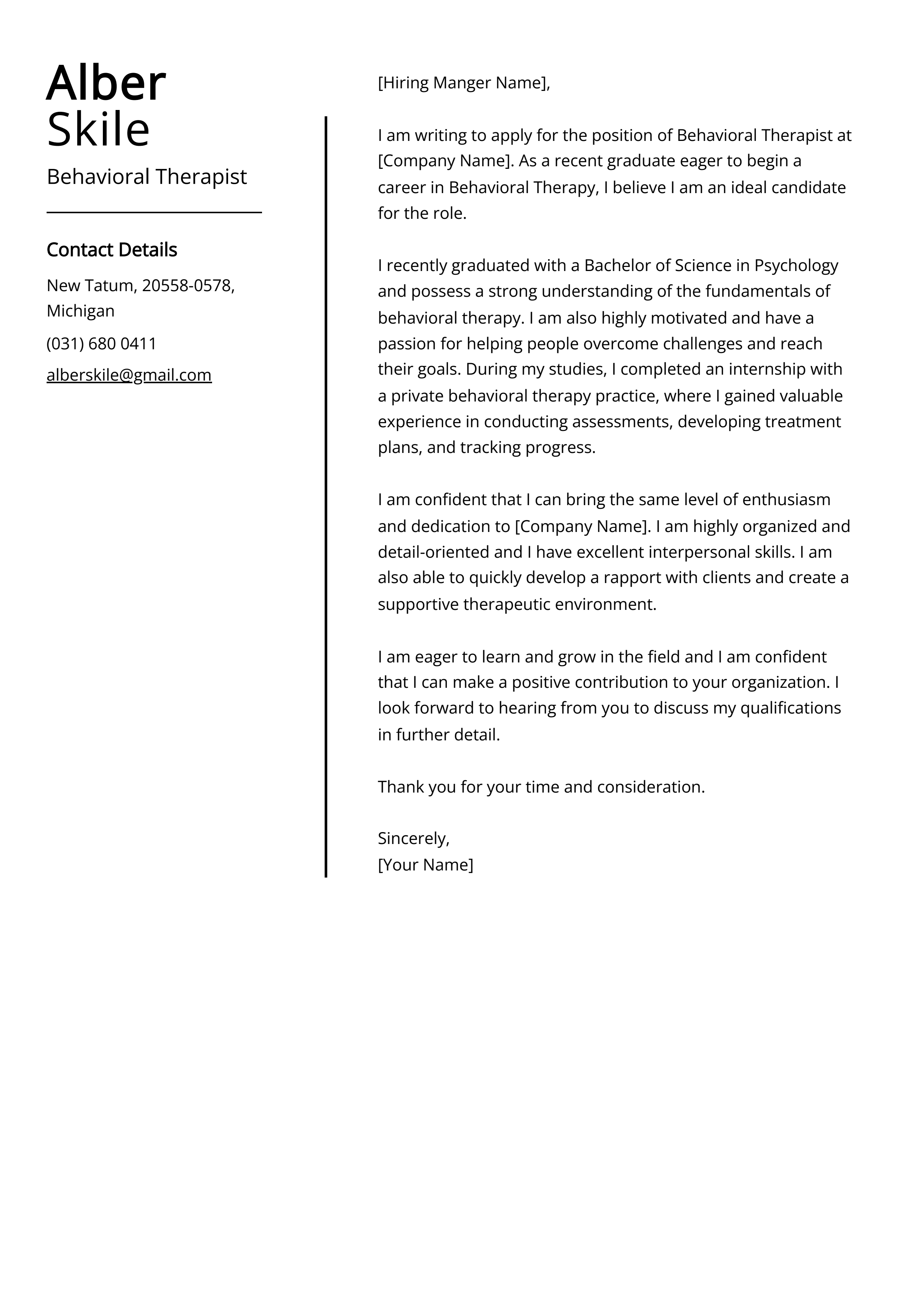 Experienced Behavioral Therapist Cover Letter Example