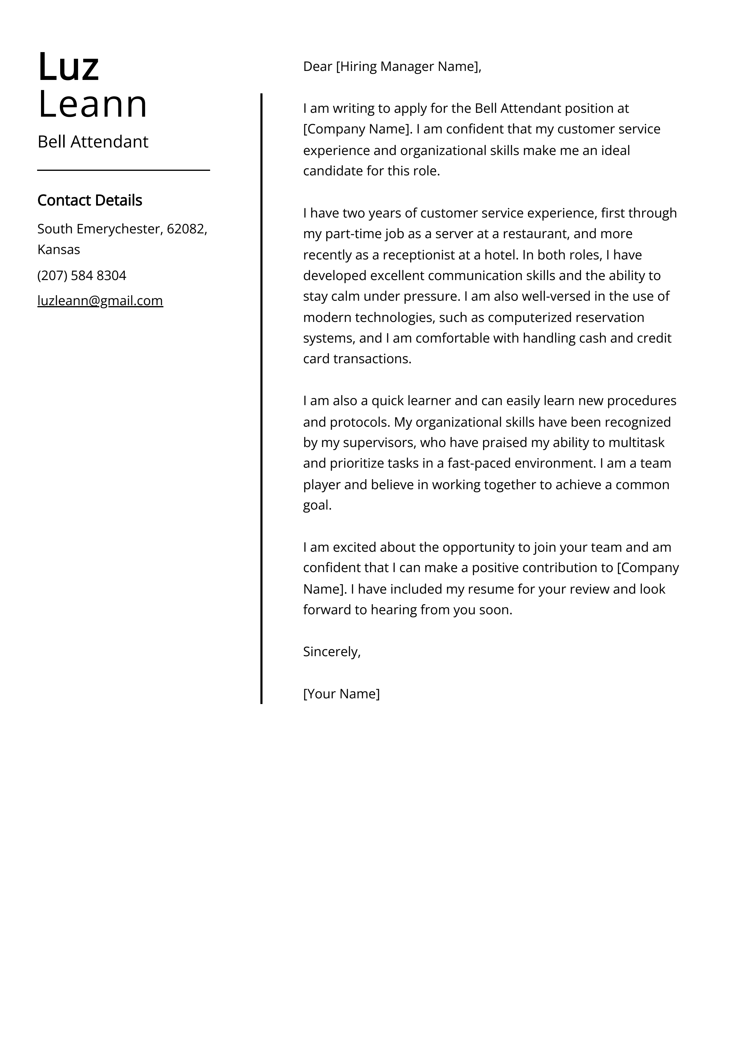 Bell Attendant Cover Letter Example