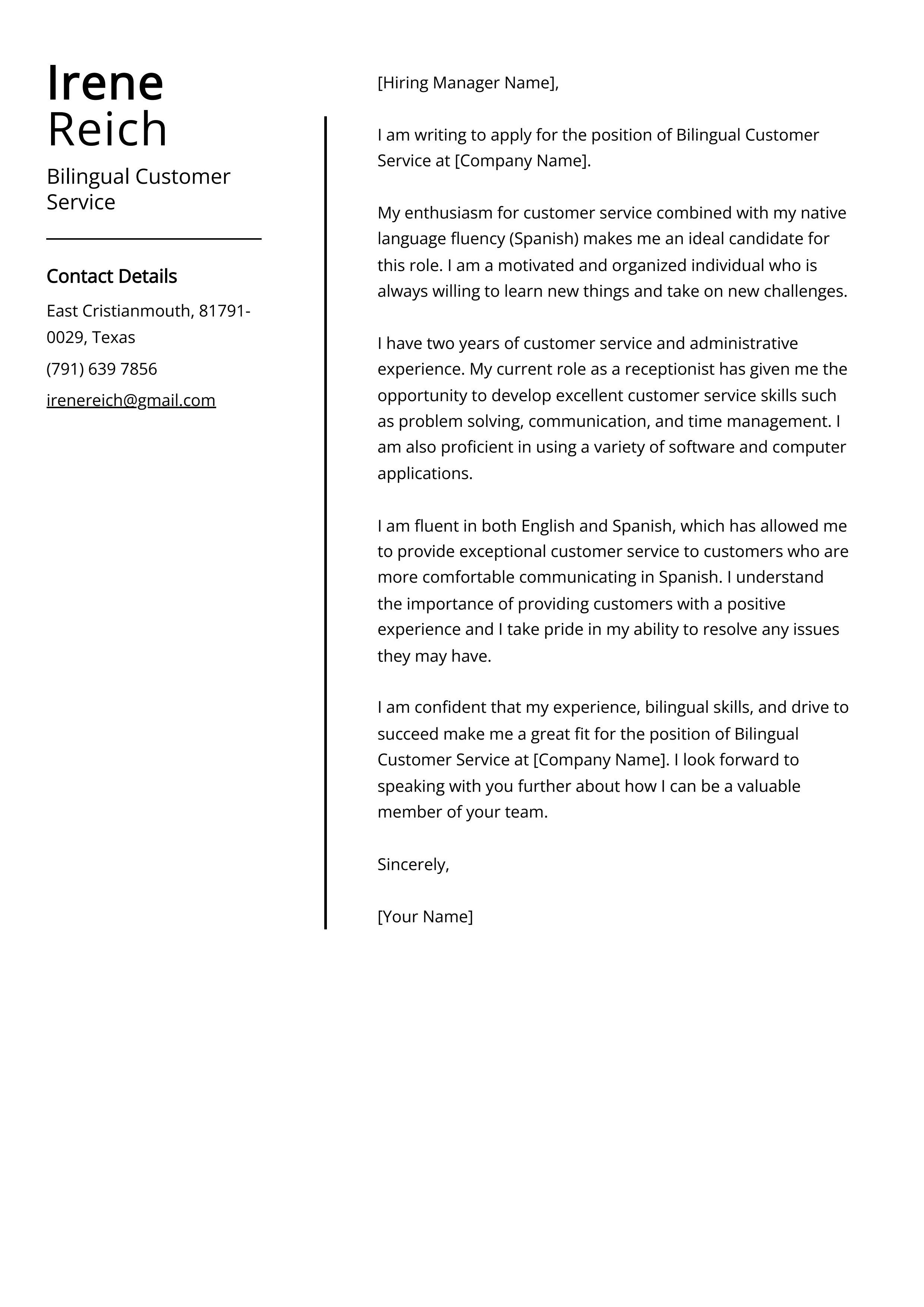 Bilingual Customer Service Cover Letter Example