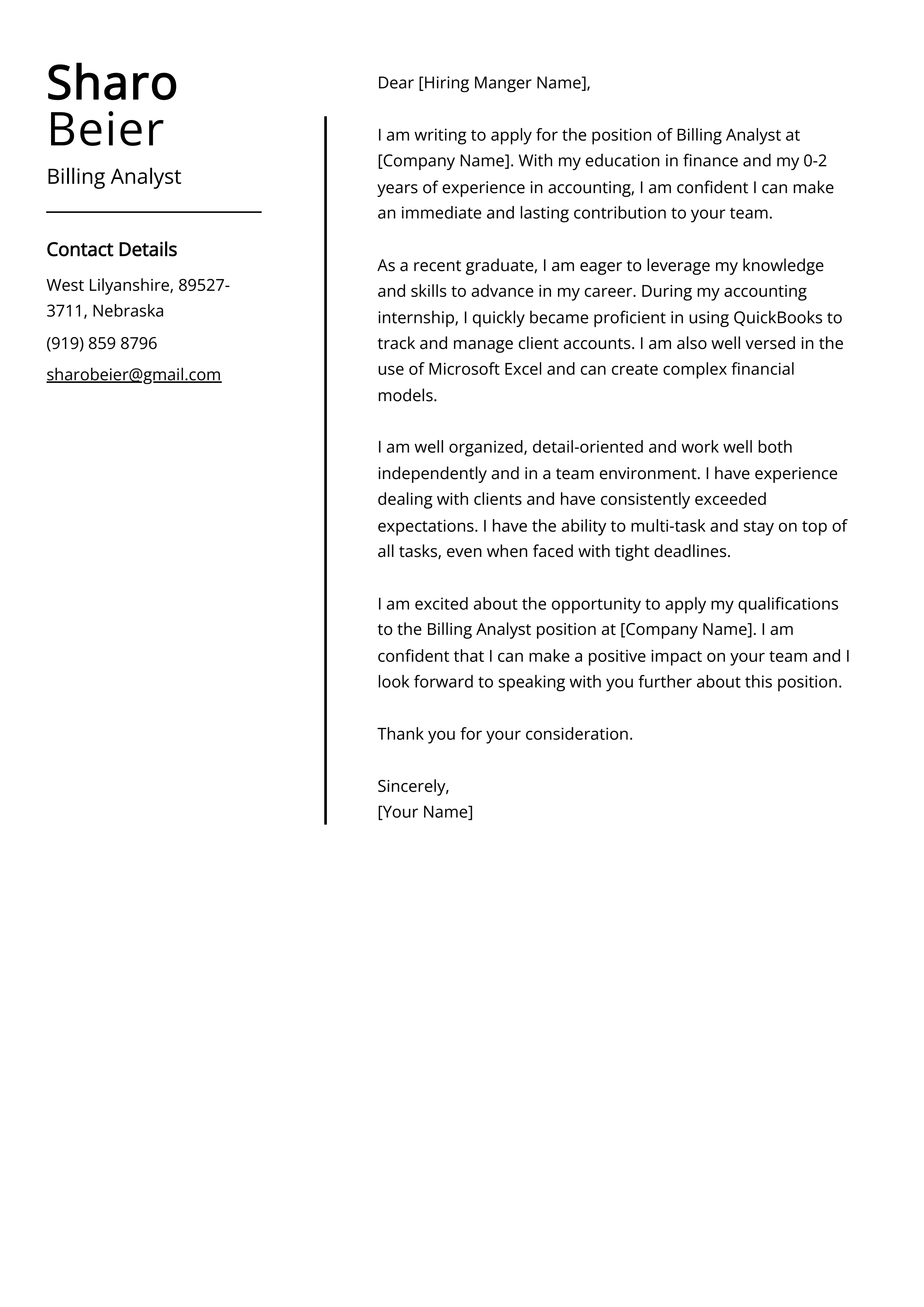 Billing Analyst Cover Letter Example