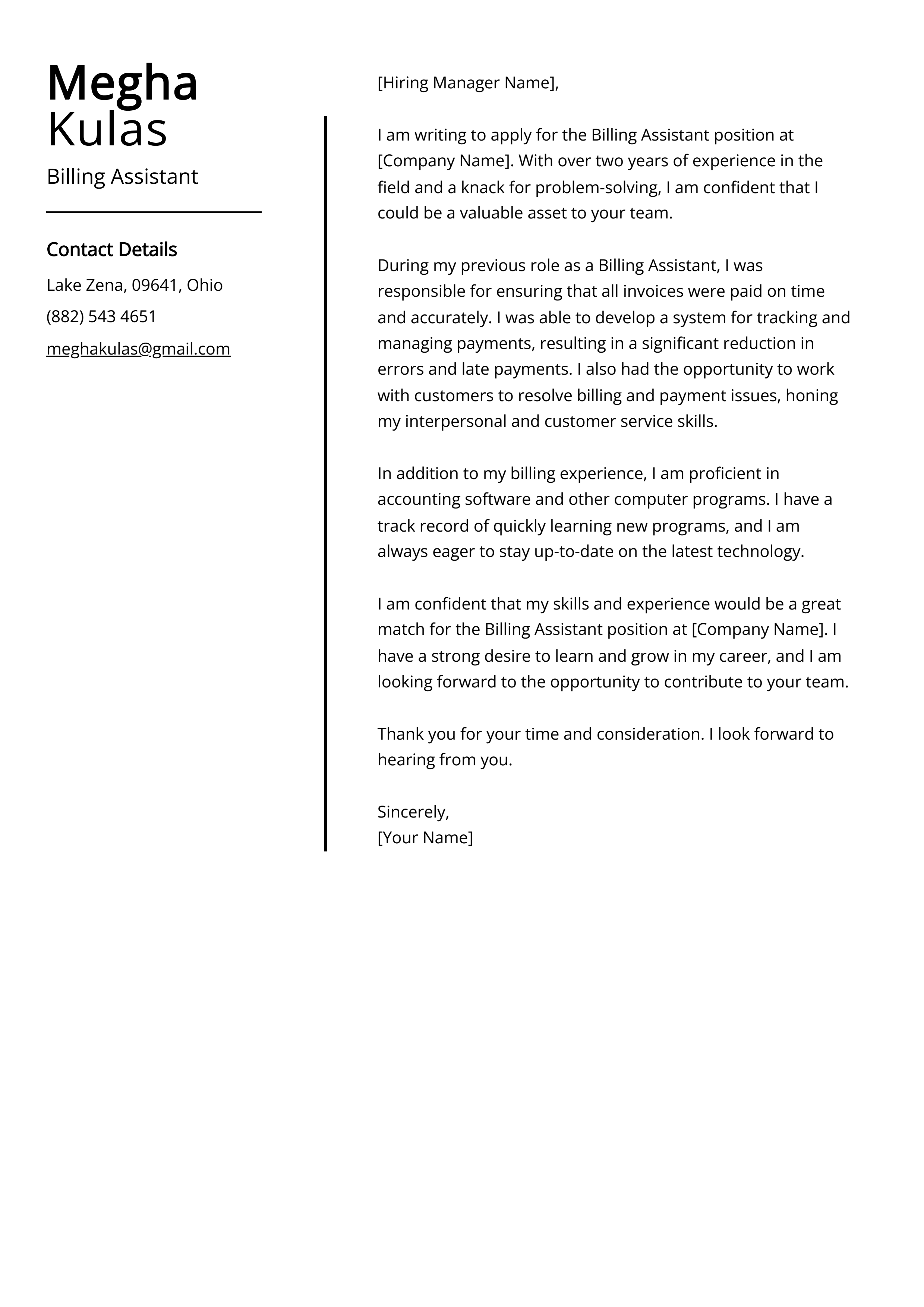 Billing Assistant Cover Letter Example