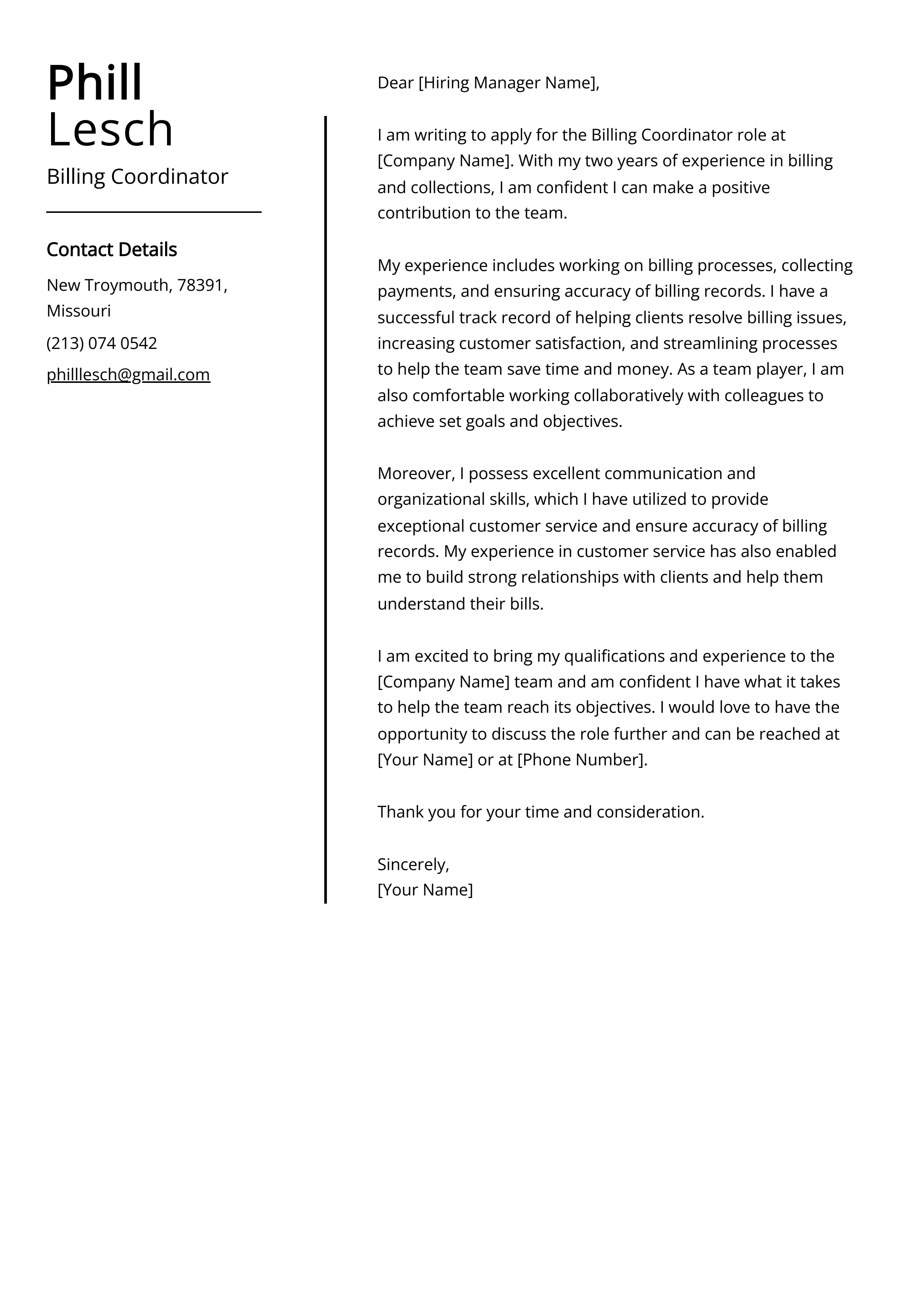 Billing Coordinator Cover Letter Example