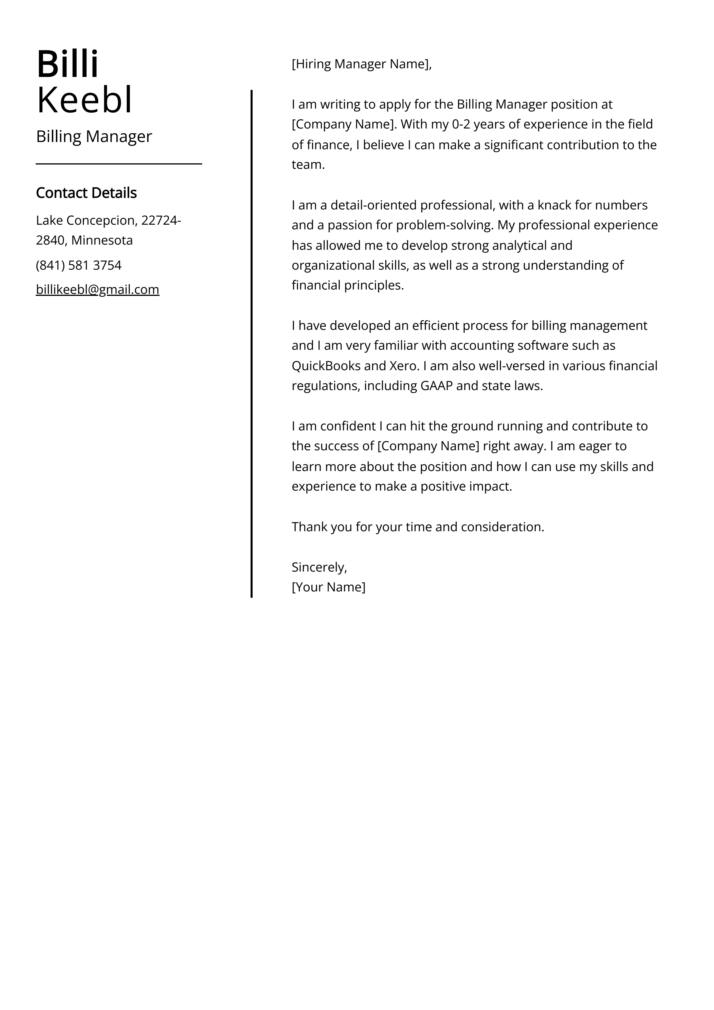 Billing Manager Cover Letter Example