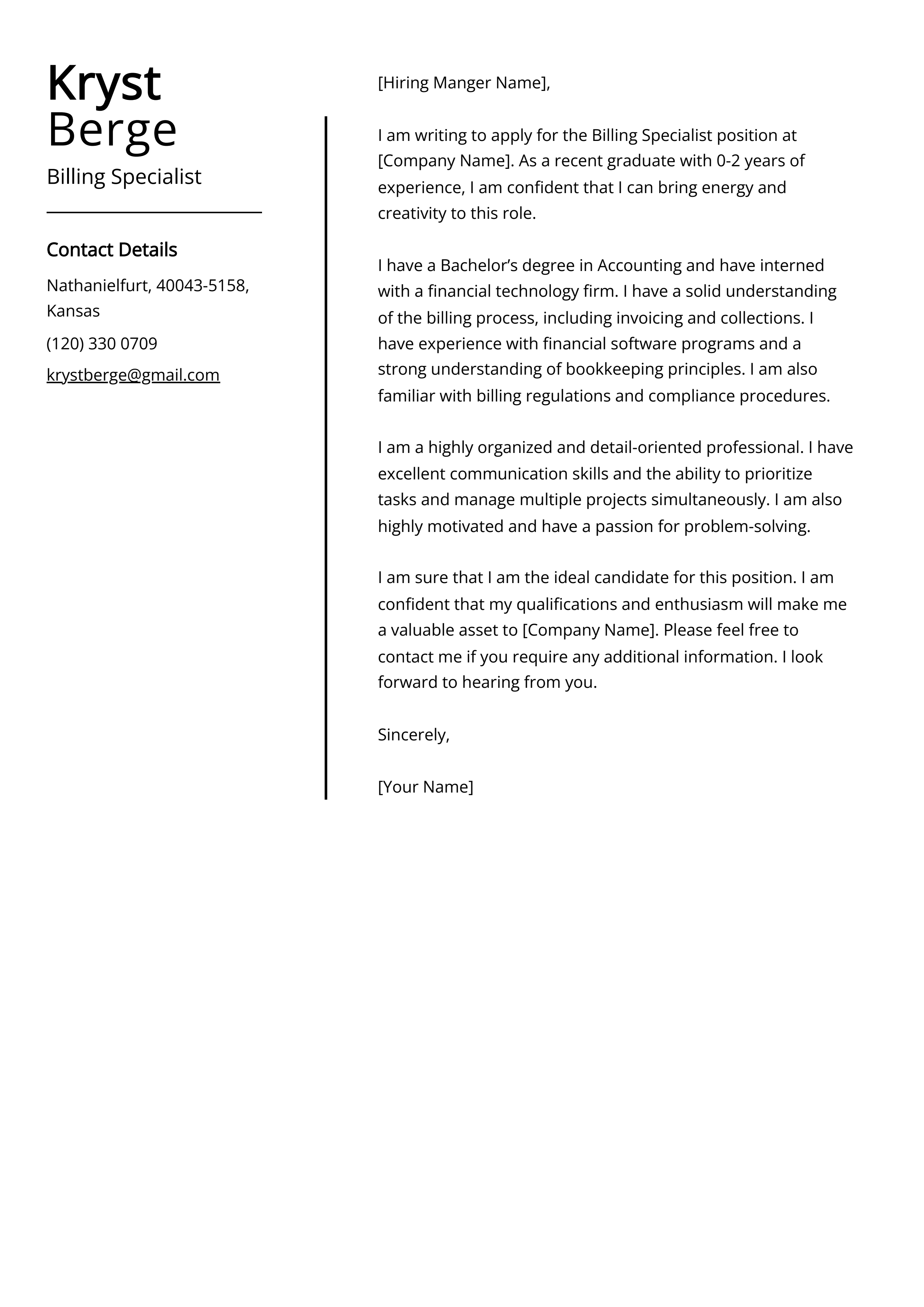 Billing Specialist Cover Letter Example