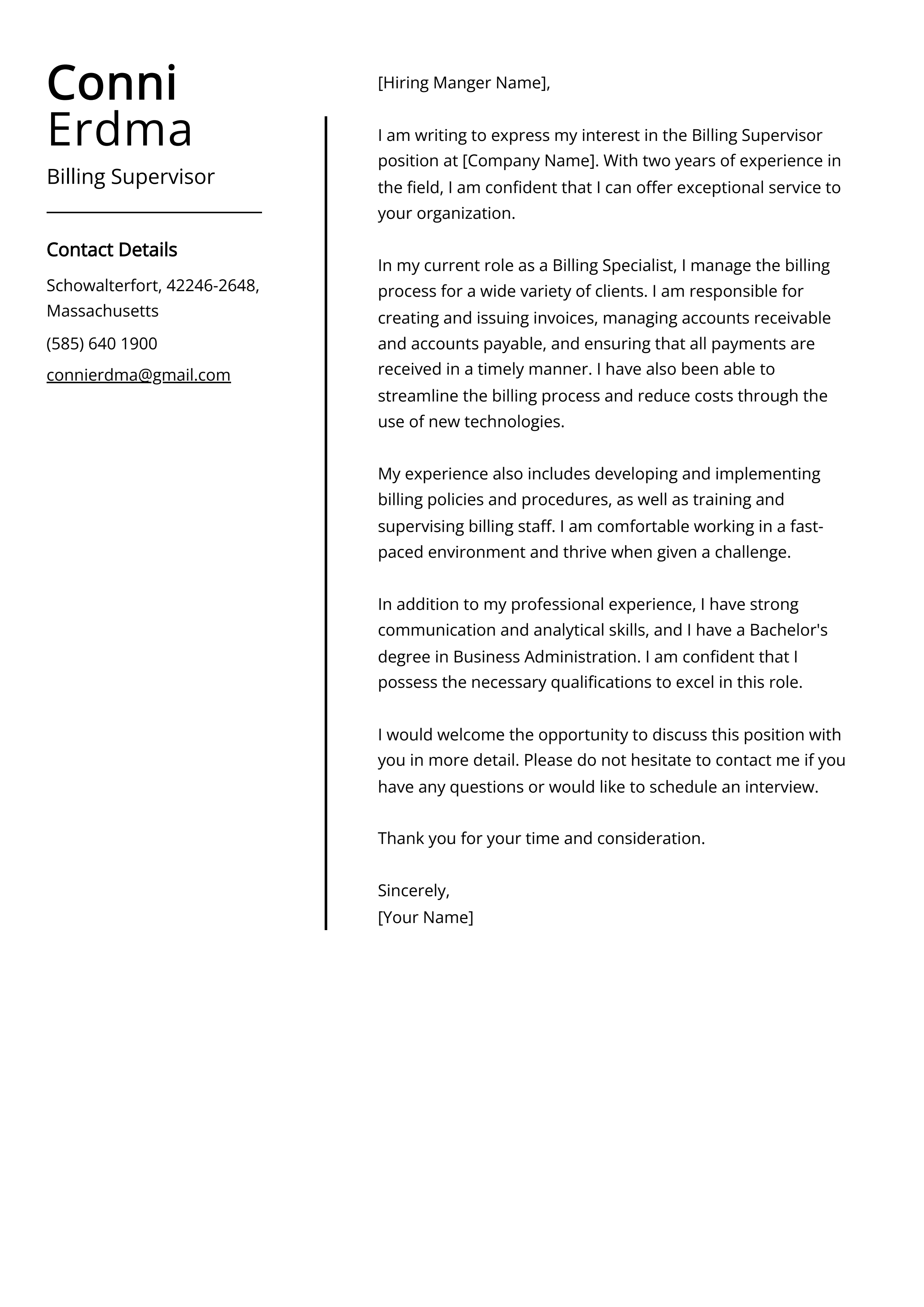 Billing Supervisor Cover Letter Example