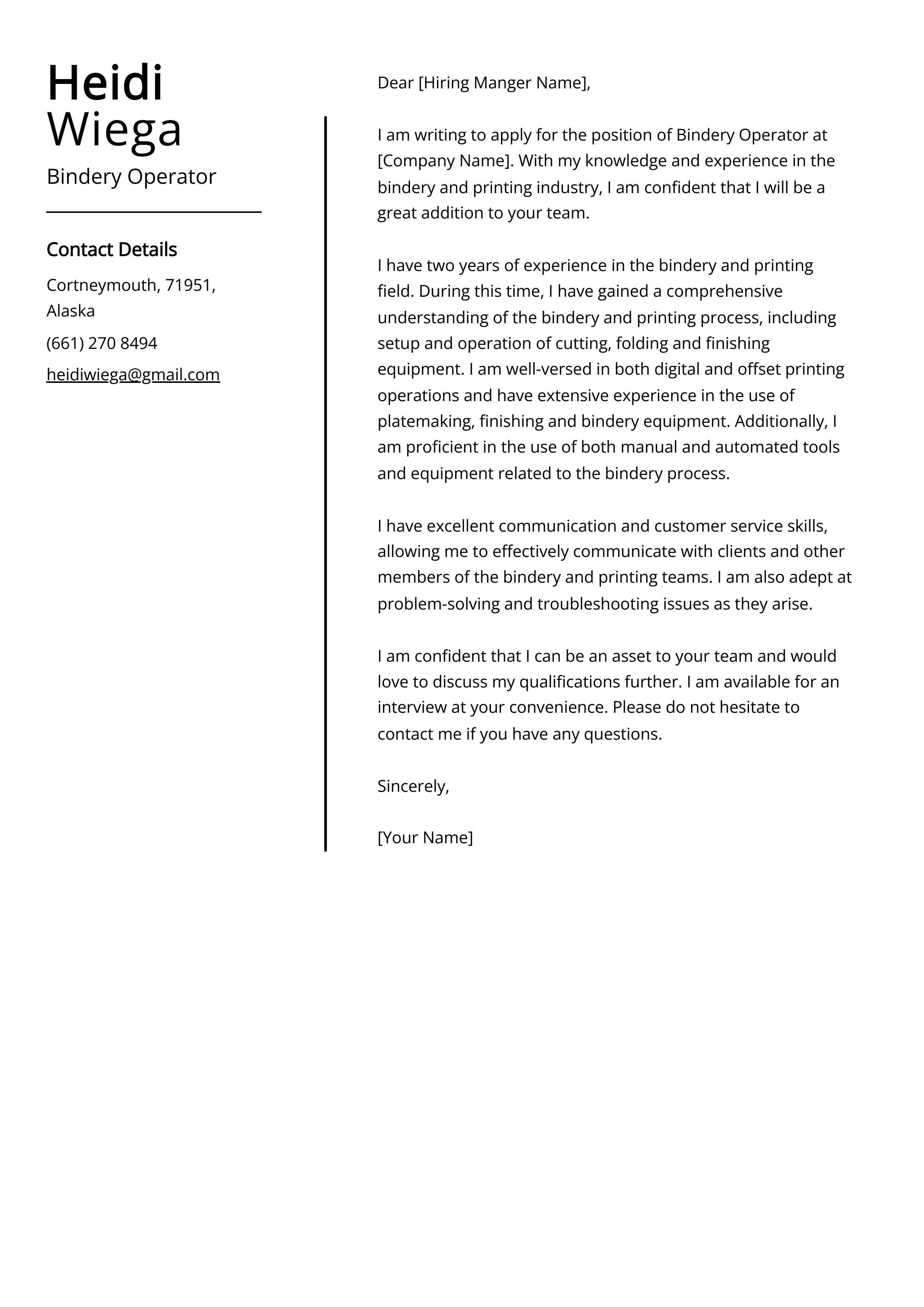 Bindery Operator Cover Letter Example