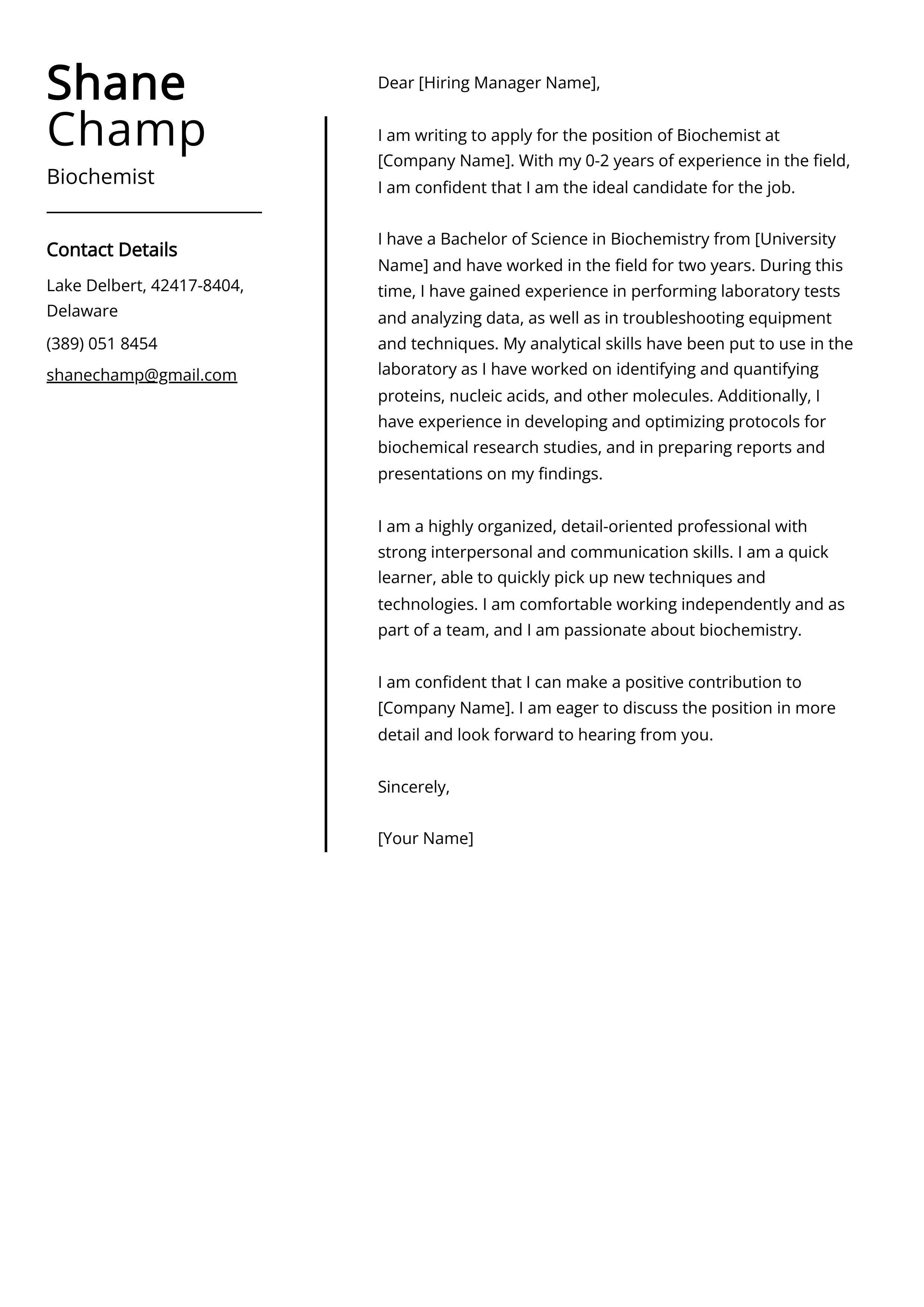 Biochemist Cover Letter Example