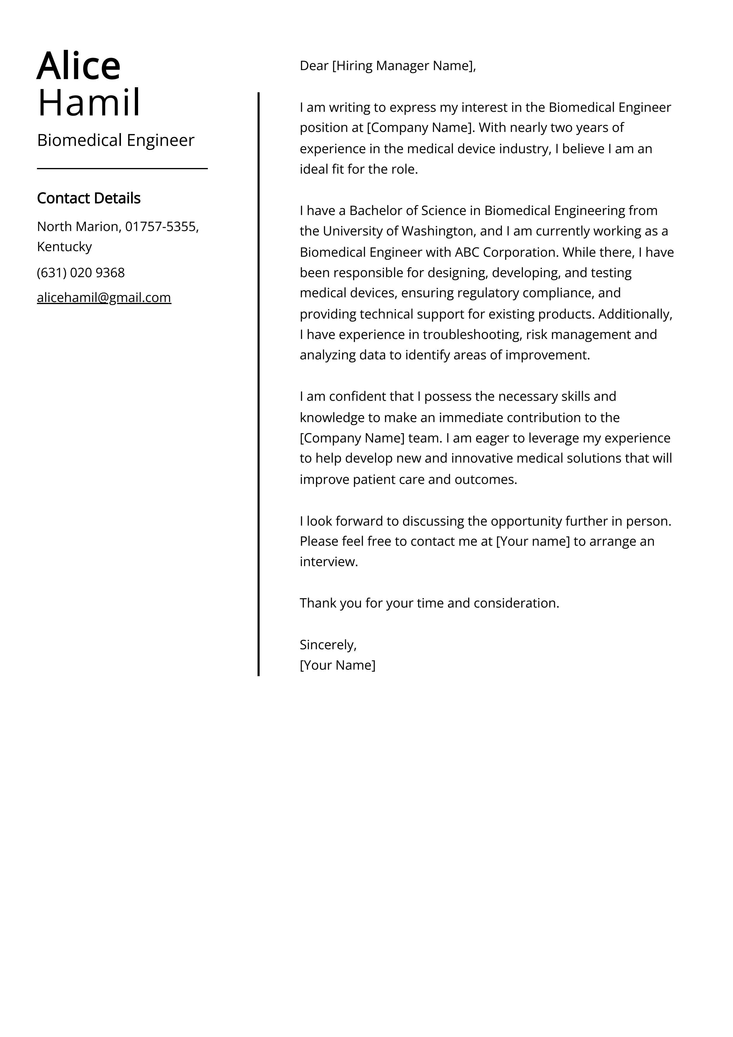 Biomedical Engineer Cover Letter Example