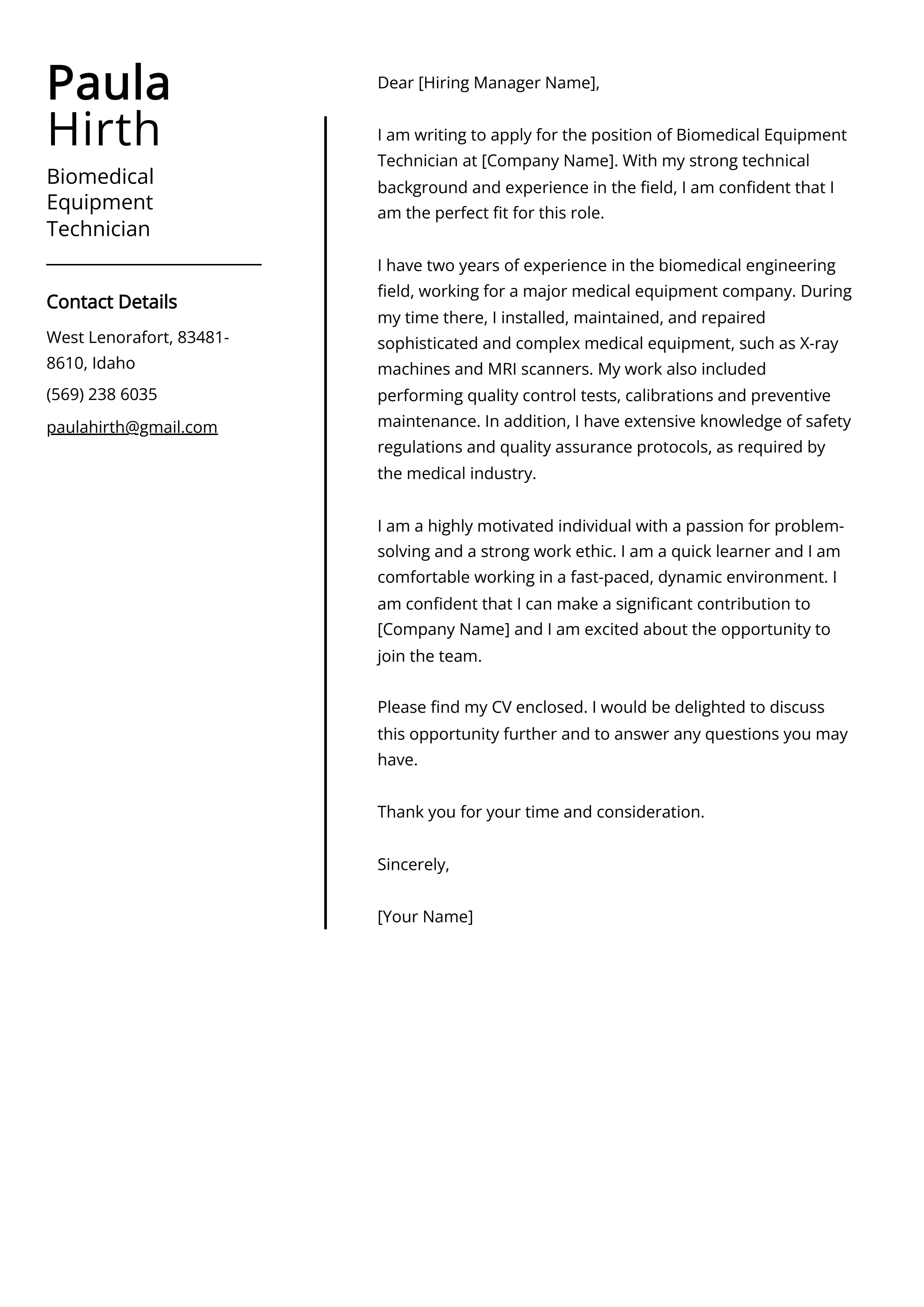 Biomedical Equipment Technician Cover Letter Example