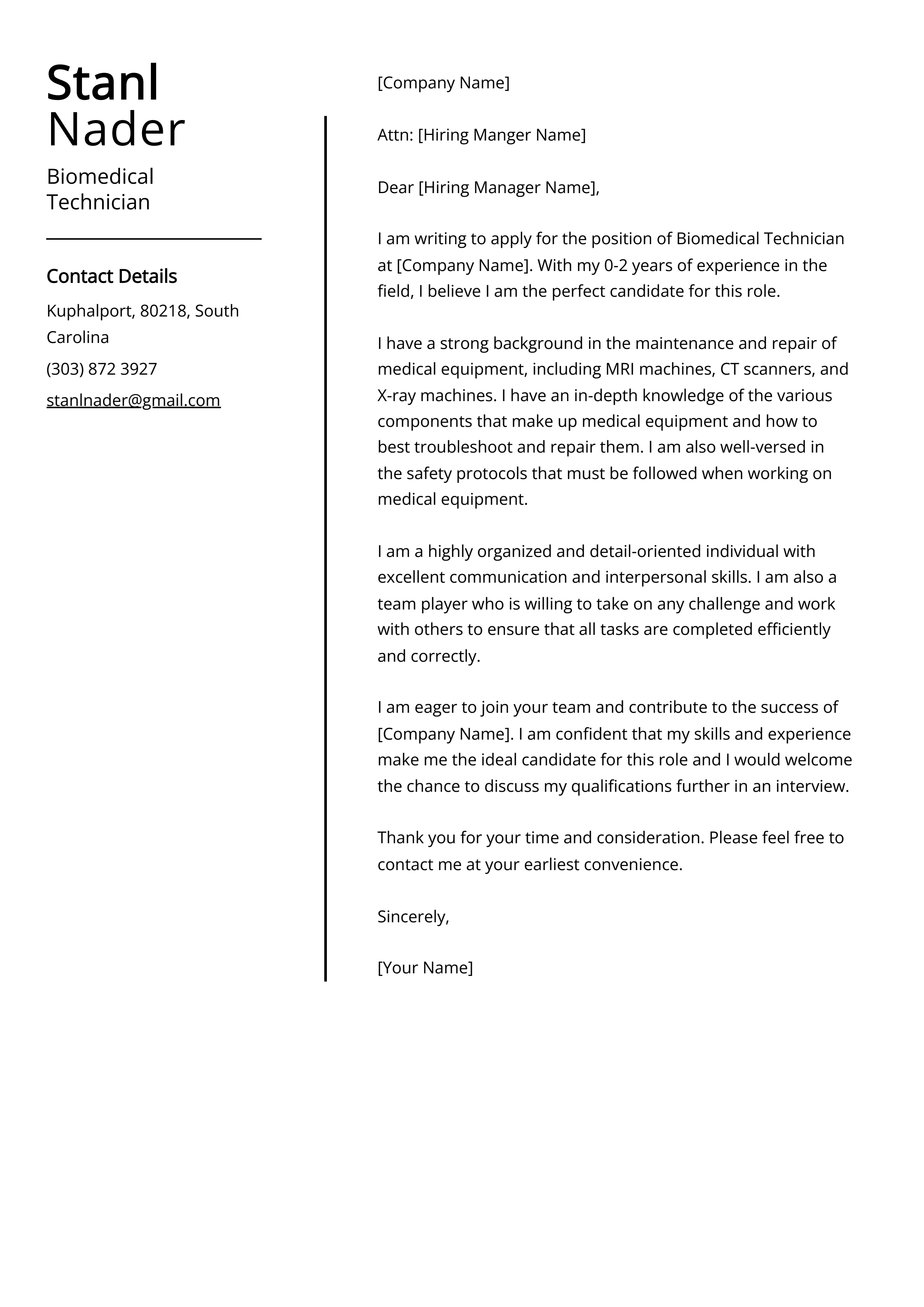 Biomedical Technician Cover Letter Example