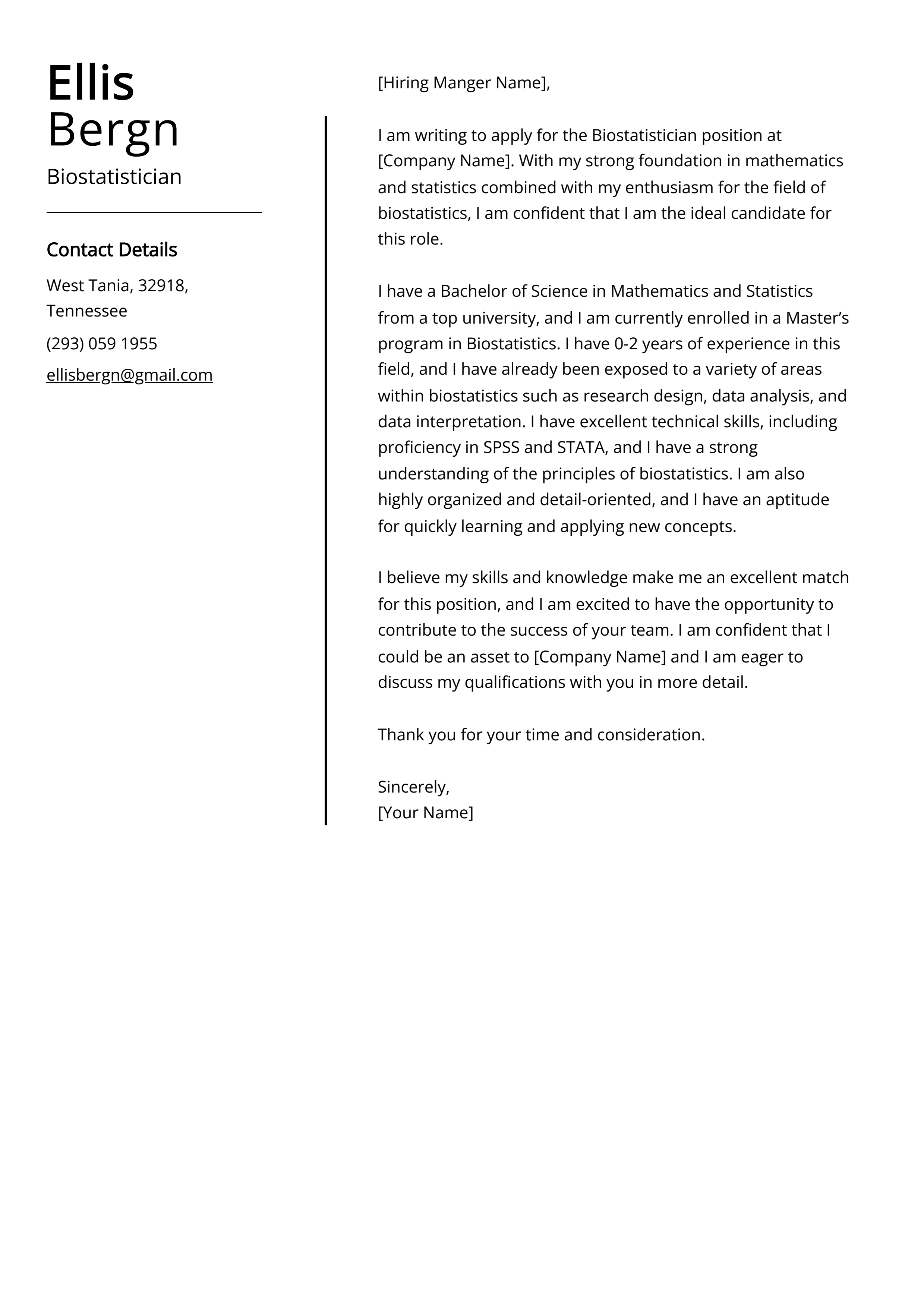 Biostatistician Cover Letter Example