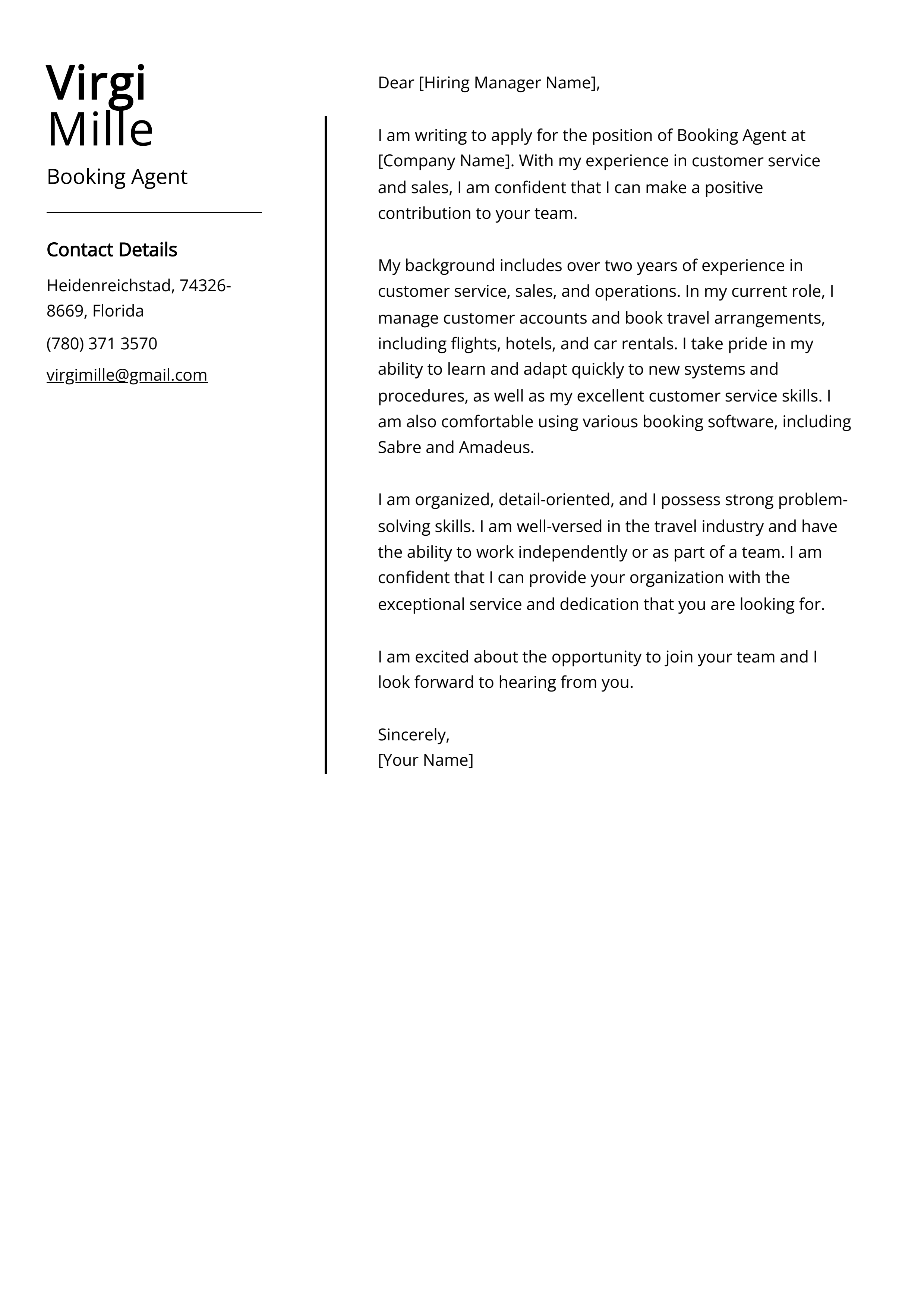 Booking Agent Cover Letter Example