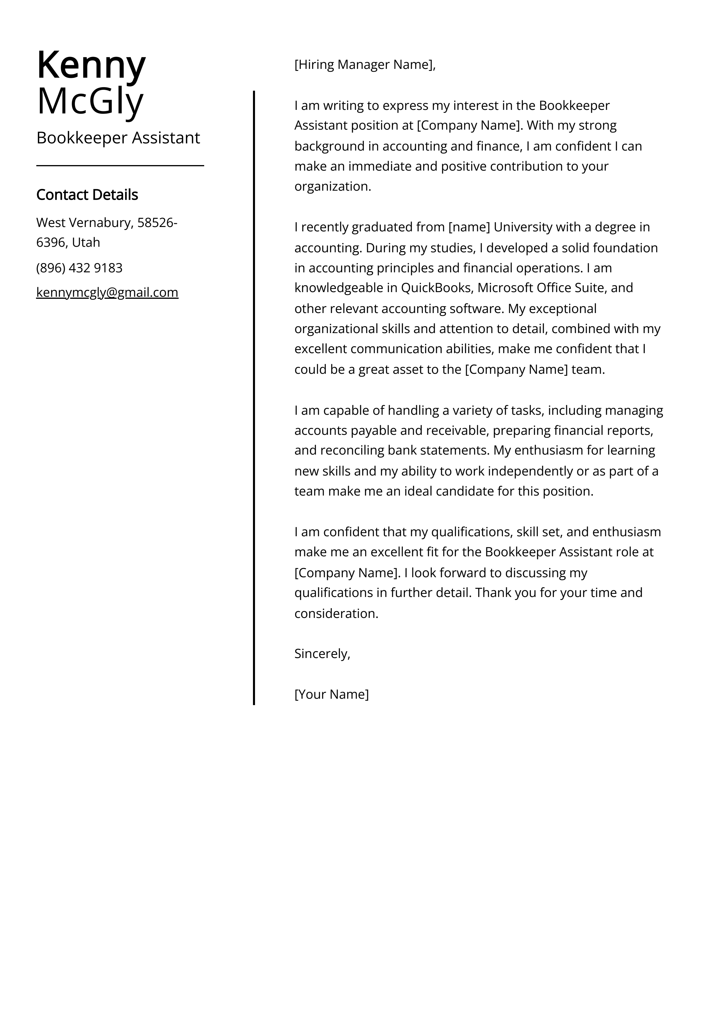 Bookkeeper Assistant Cover Letter Example