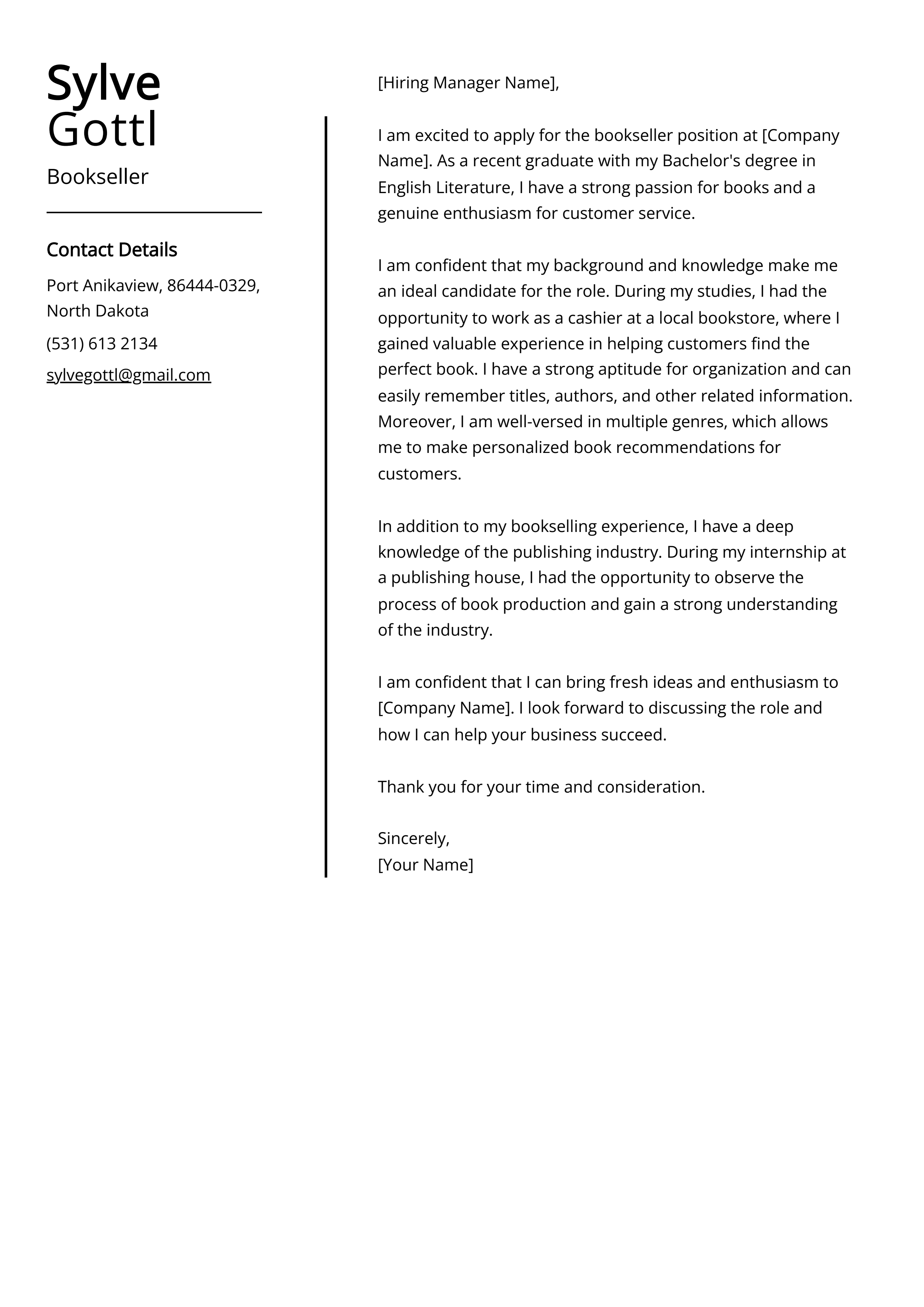 Bookseller Cover Letter Example