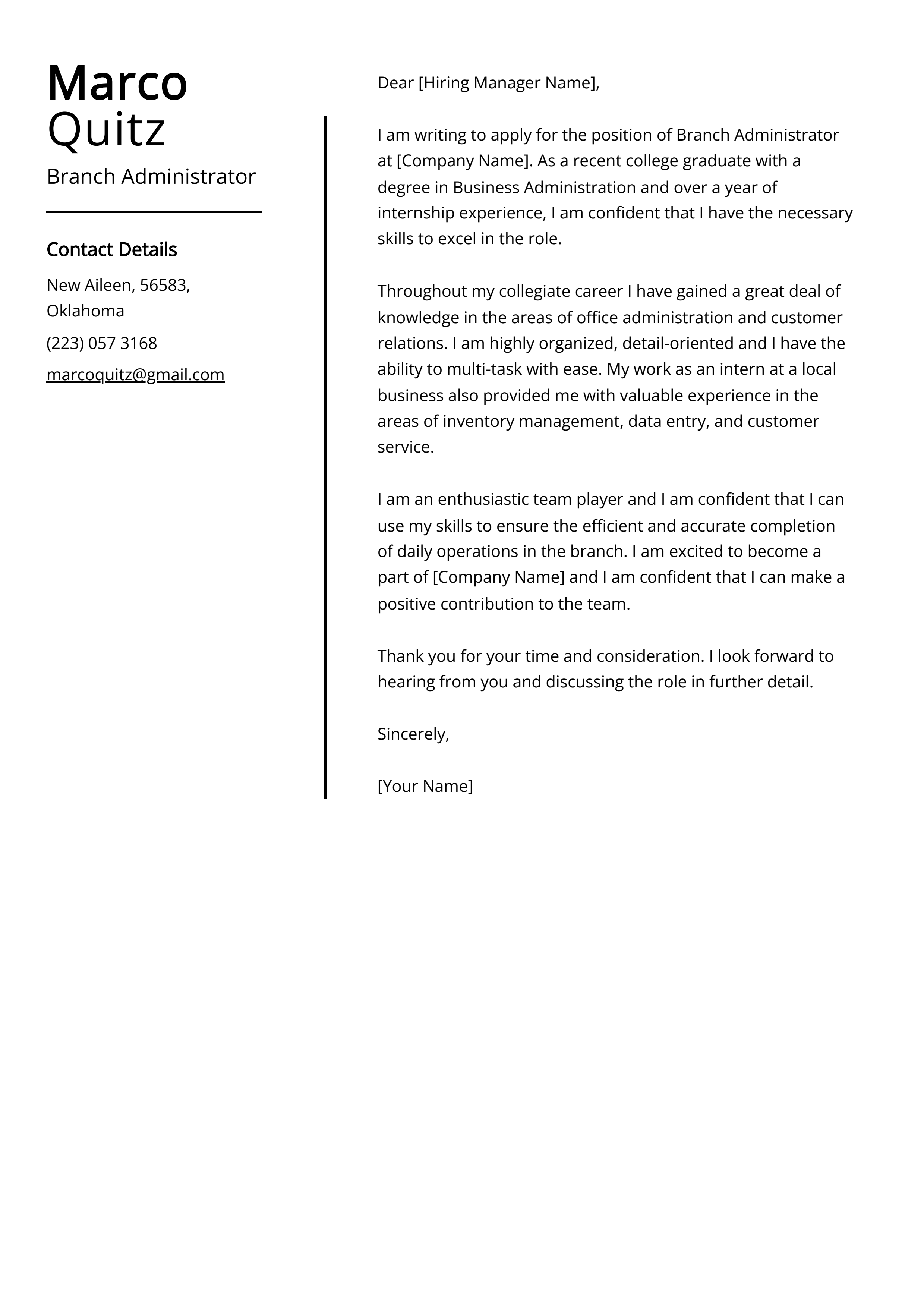 Branch Administrator Cover Letter Example