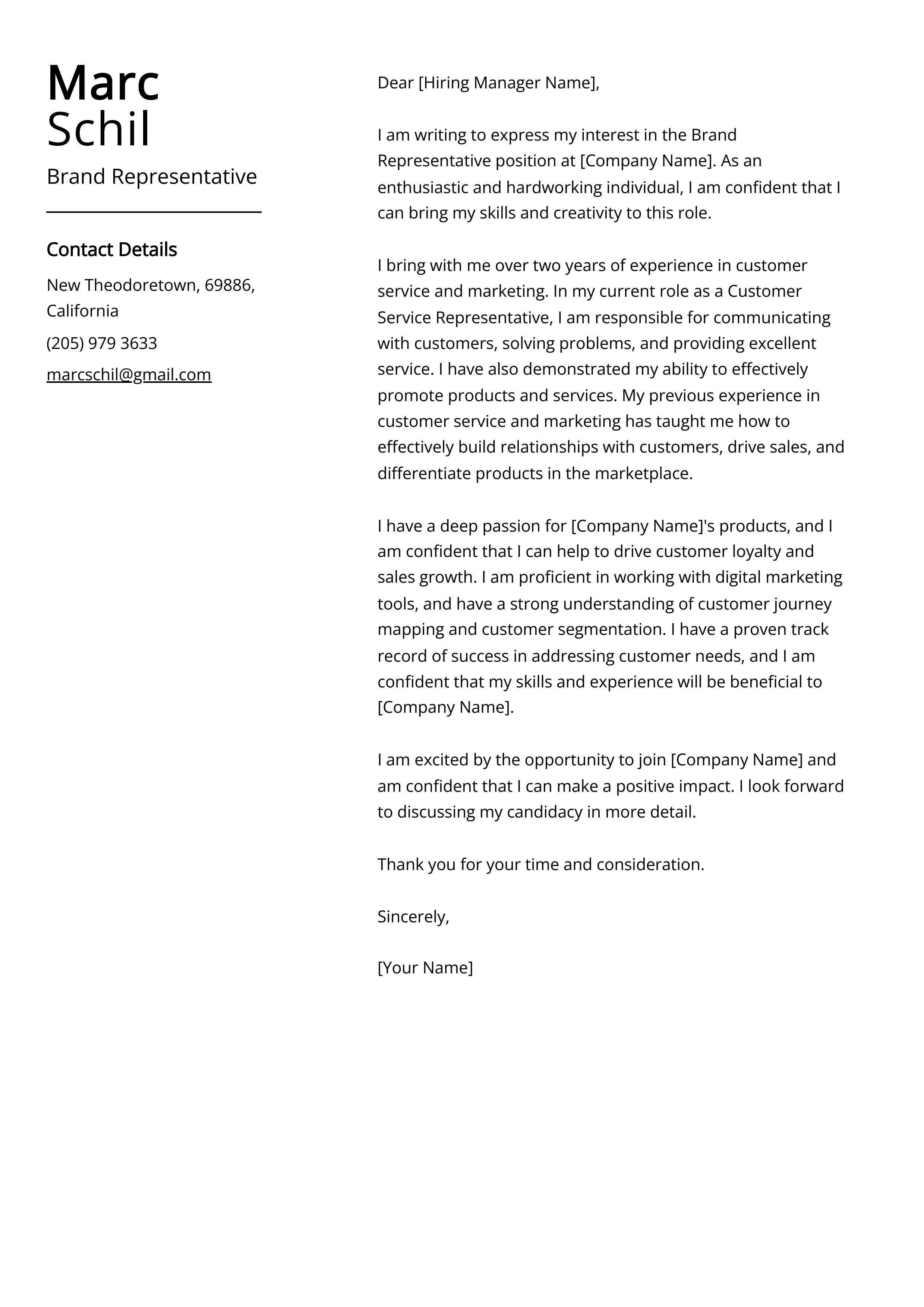 Brand Representative Cover Letter Example