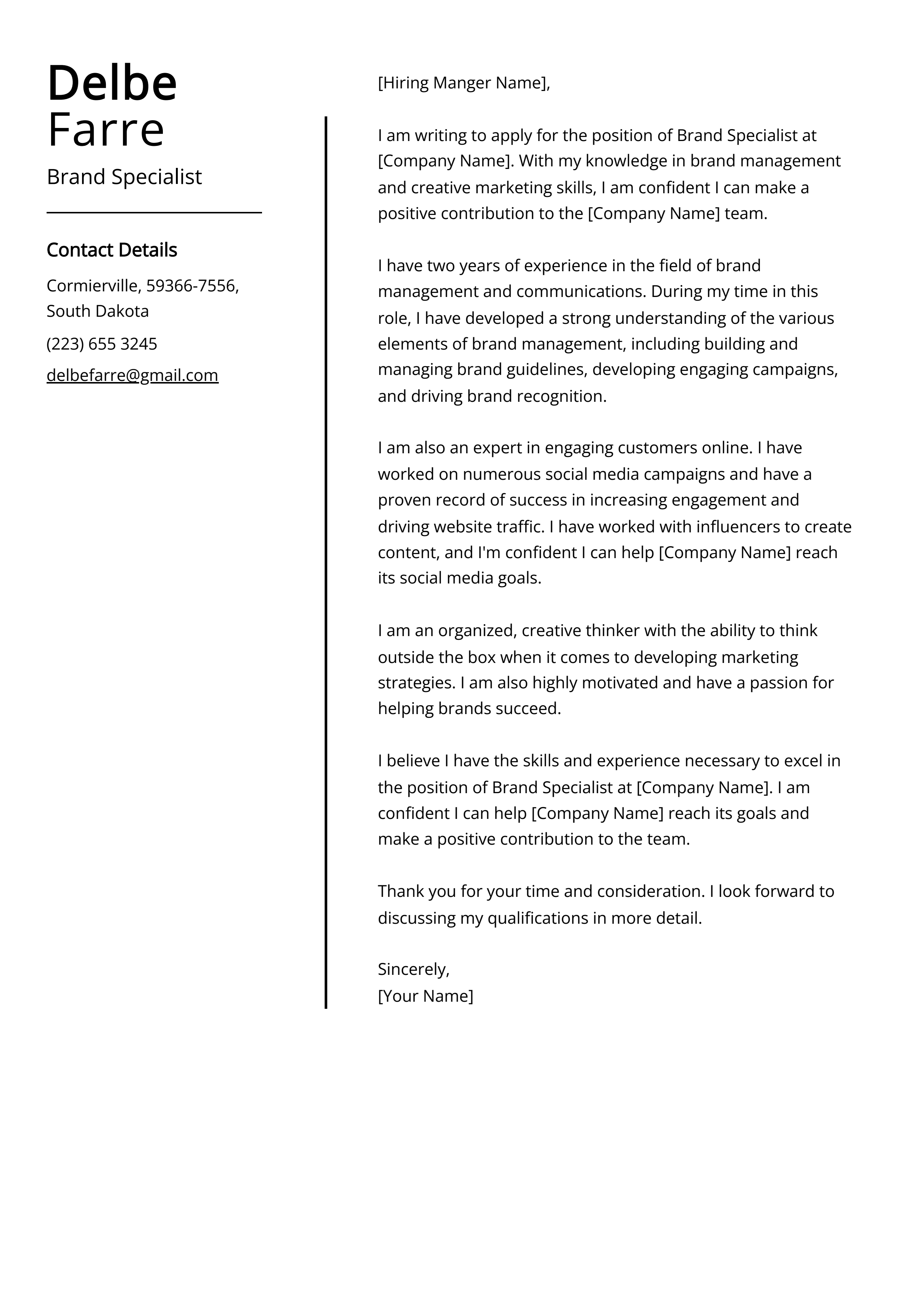 Brand Specialist Cover Letter Example