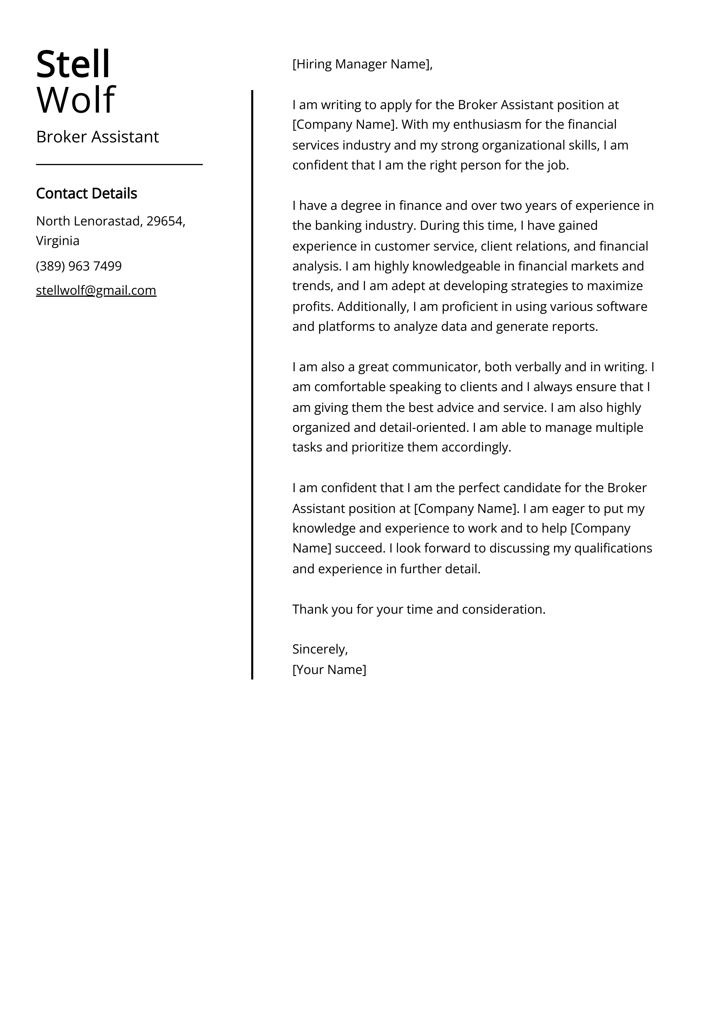 Broker Assistant Cover Letter Example
