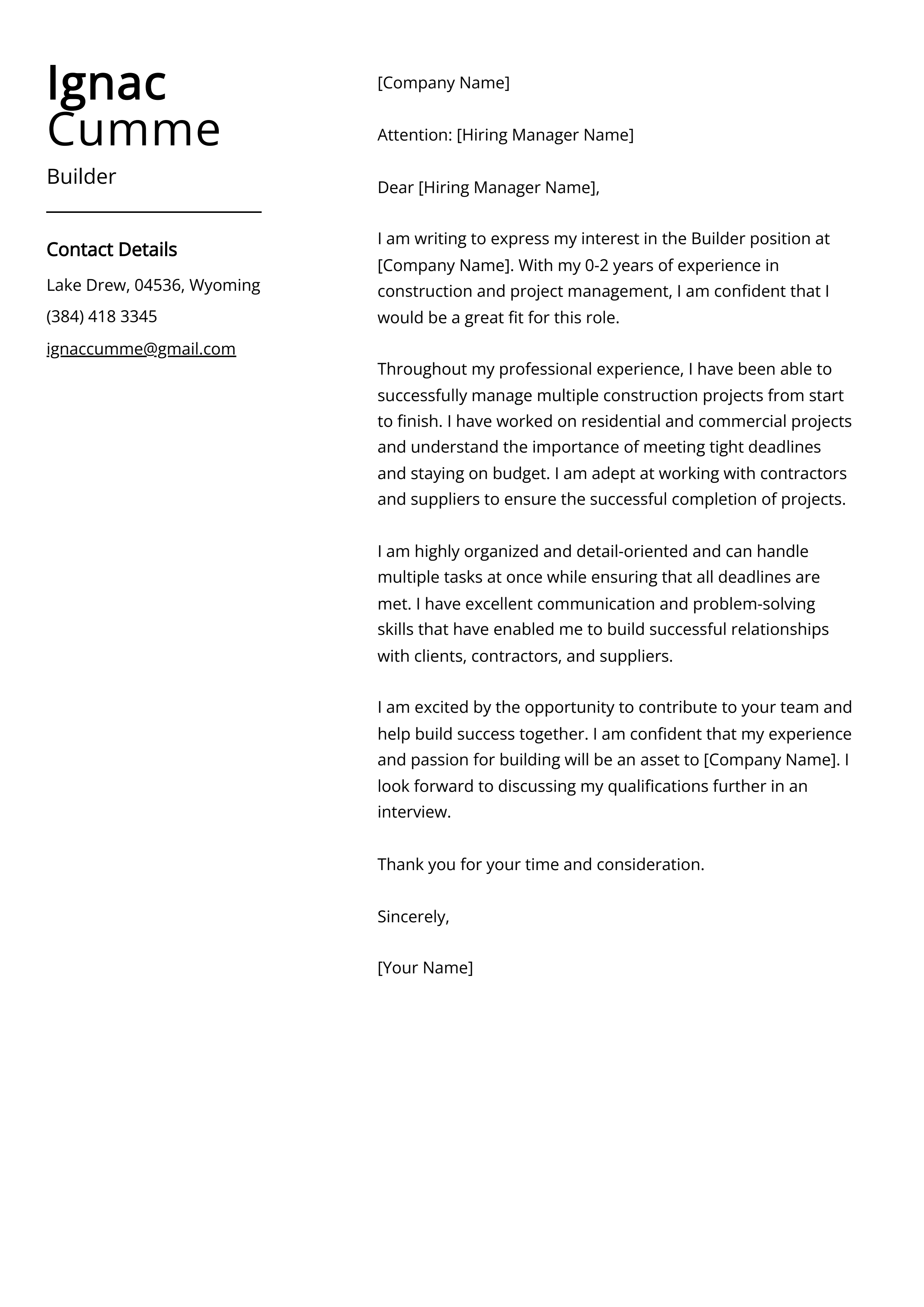 Builder Cover Letter Example