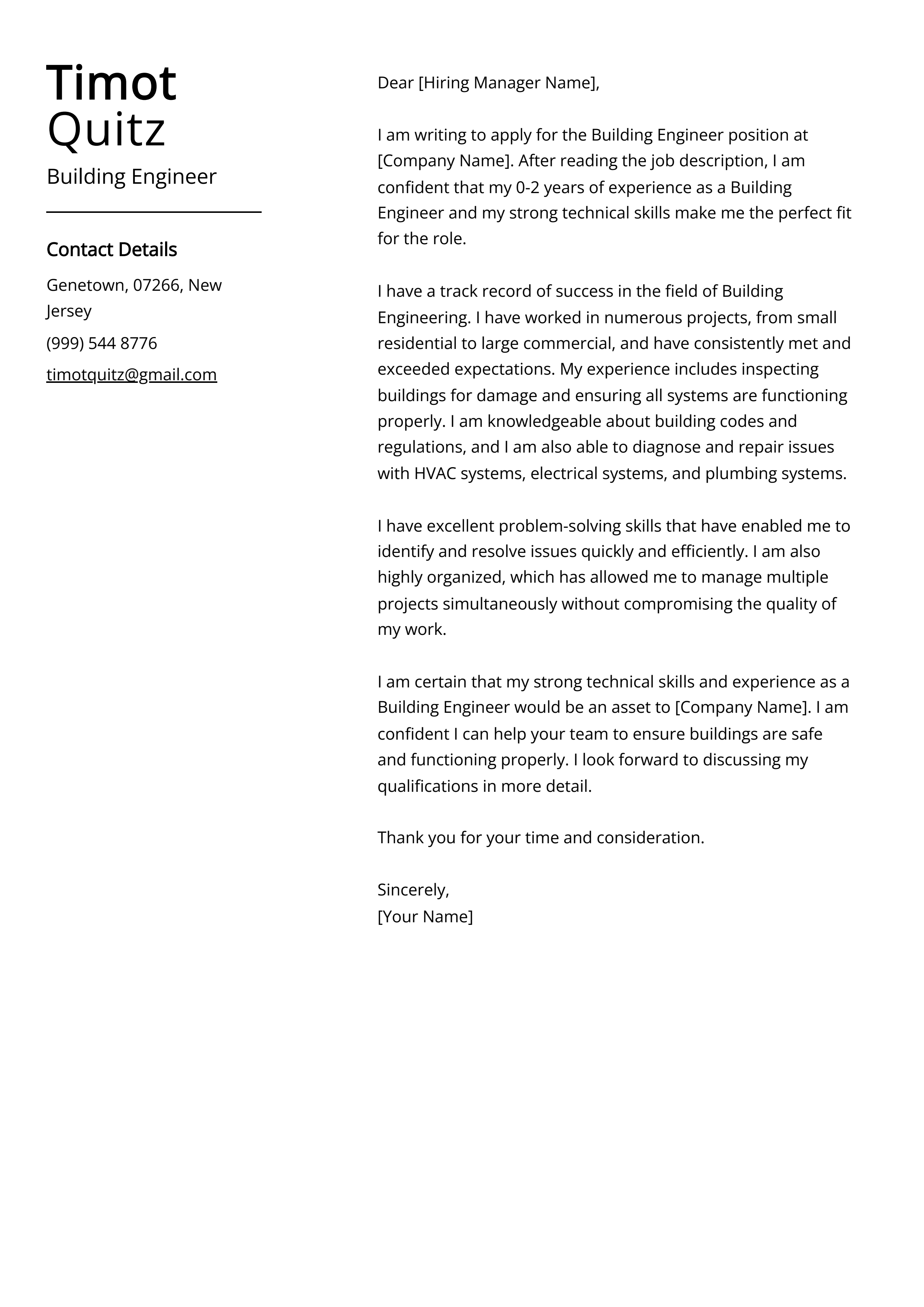 Building Engineer Cover Letter Example