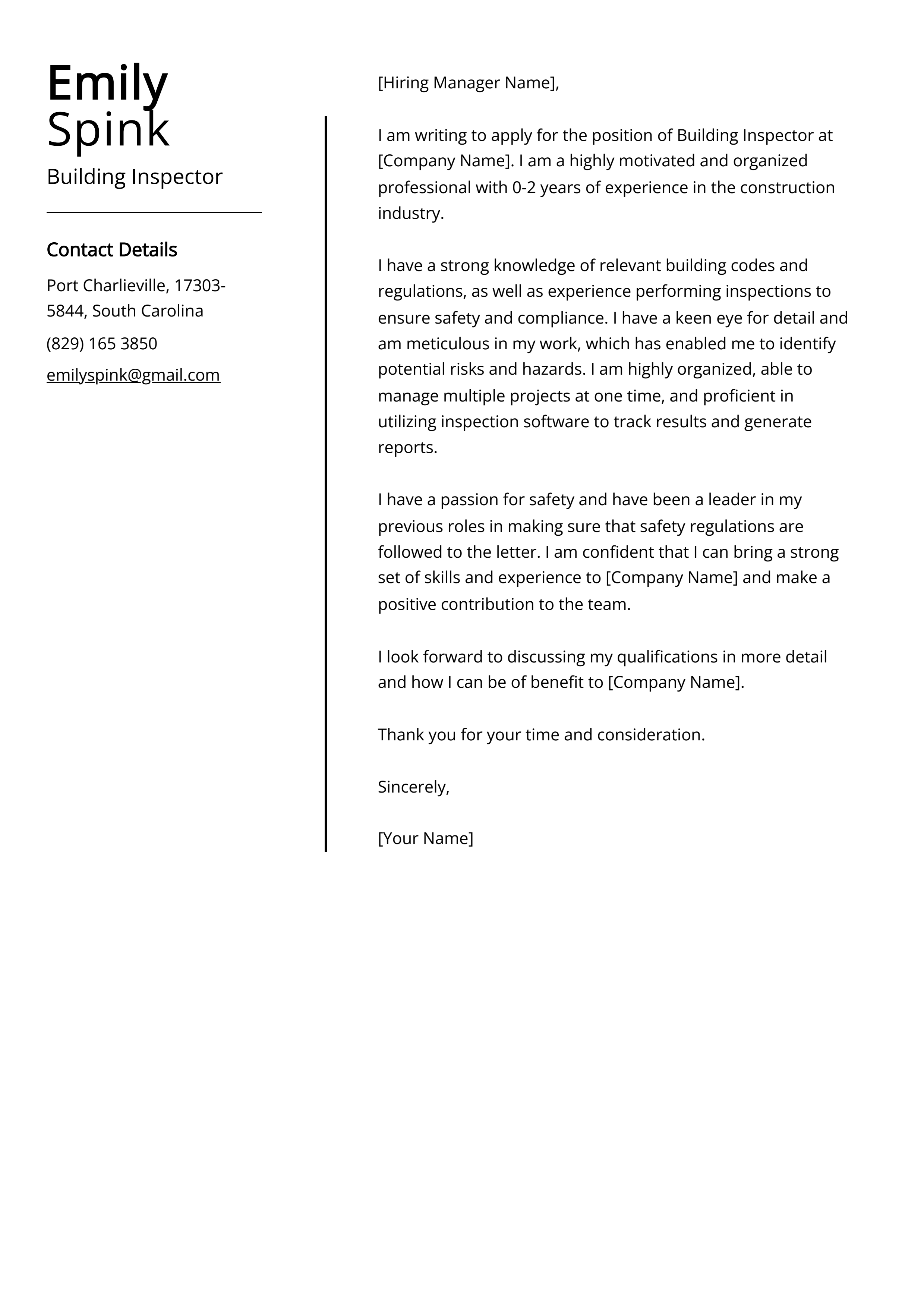 Building Inspector Cover Letter Example