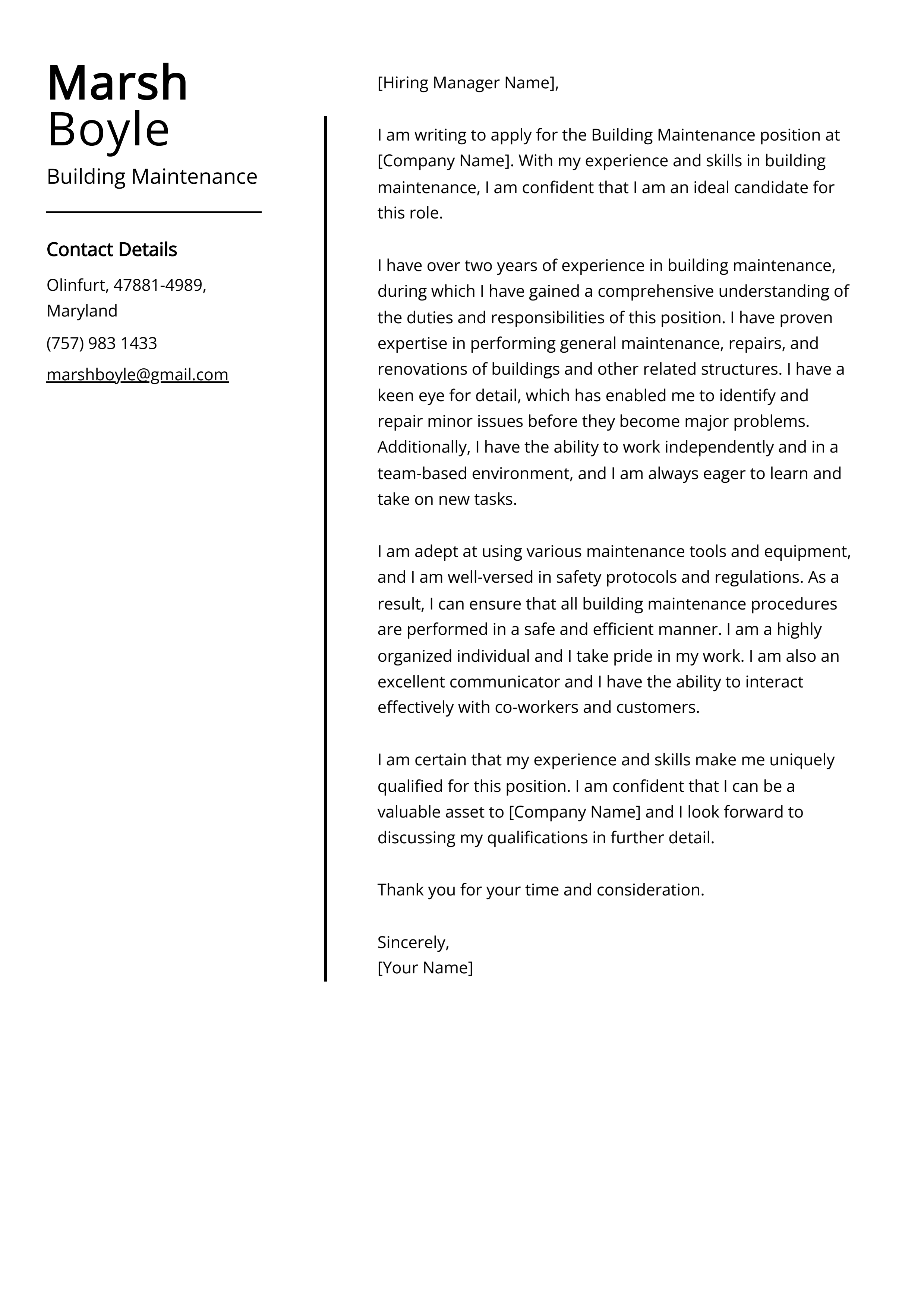 Building Maintenance Cover Letter Example