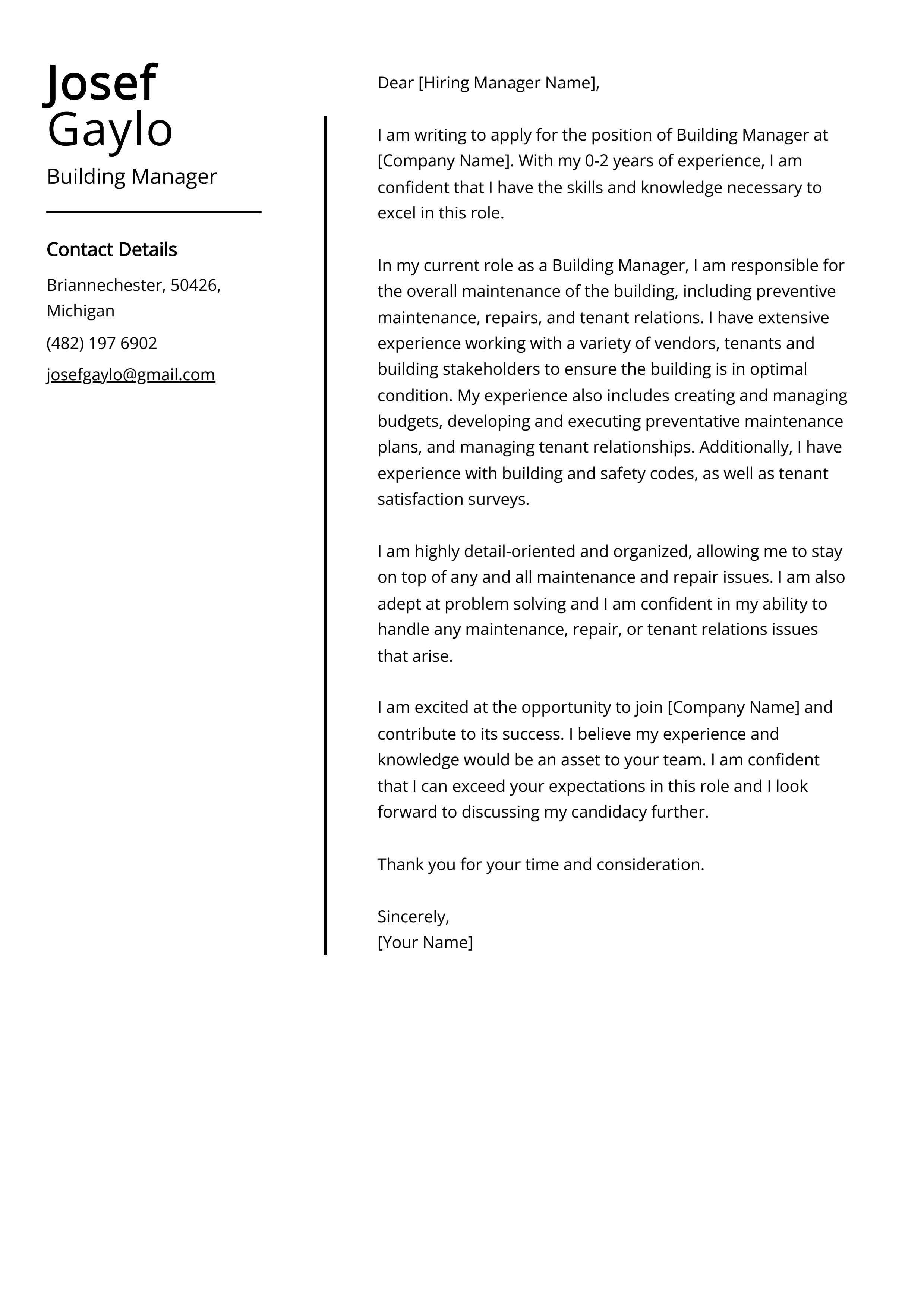 Building Manager Cover Letter Example
