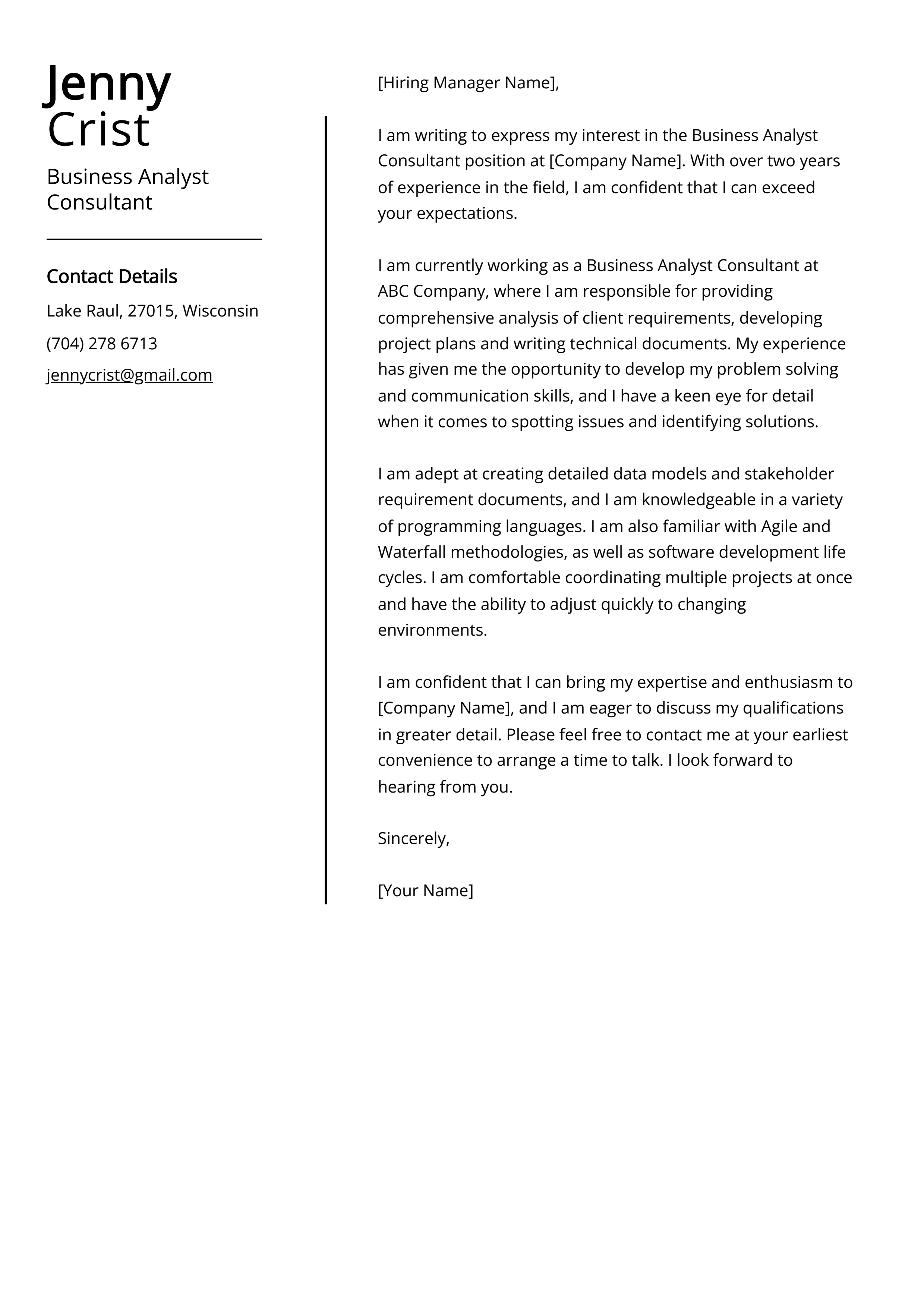Business Analyst Consultant Cover Letter Example