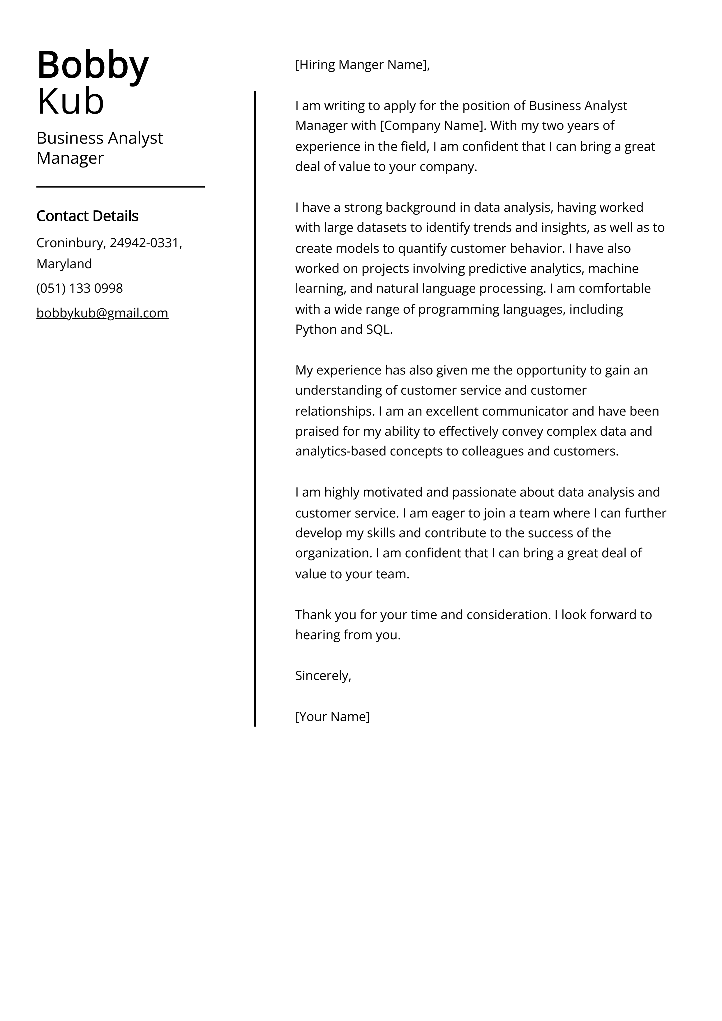 Business Analyst Manager Cover Letter Example