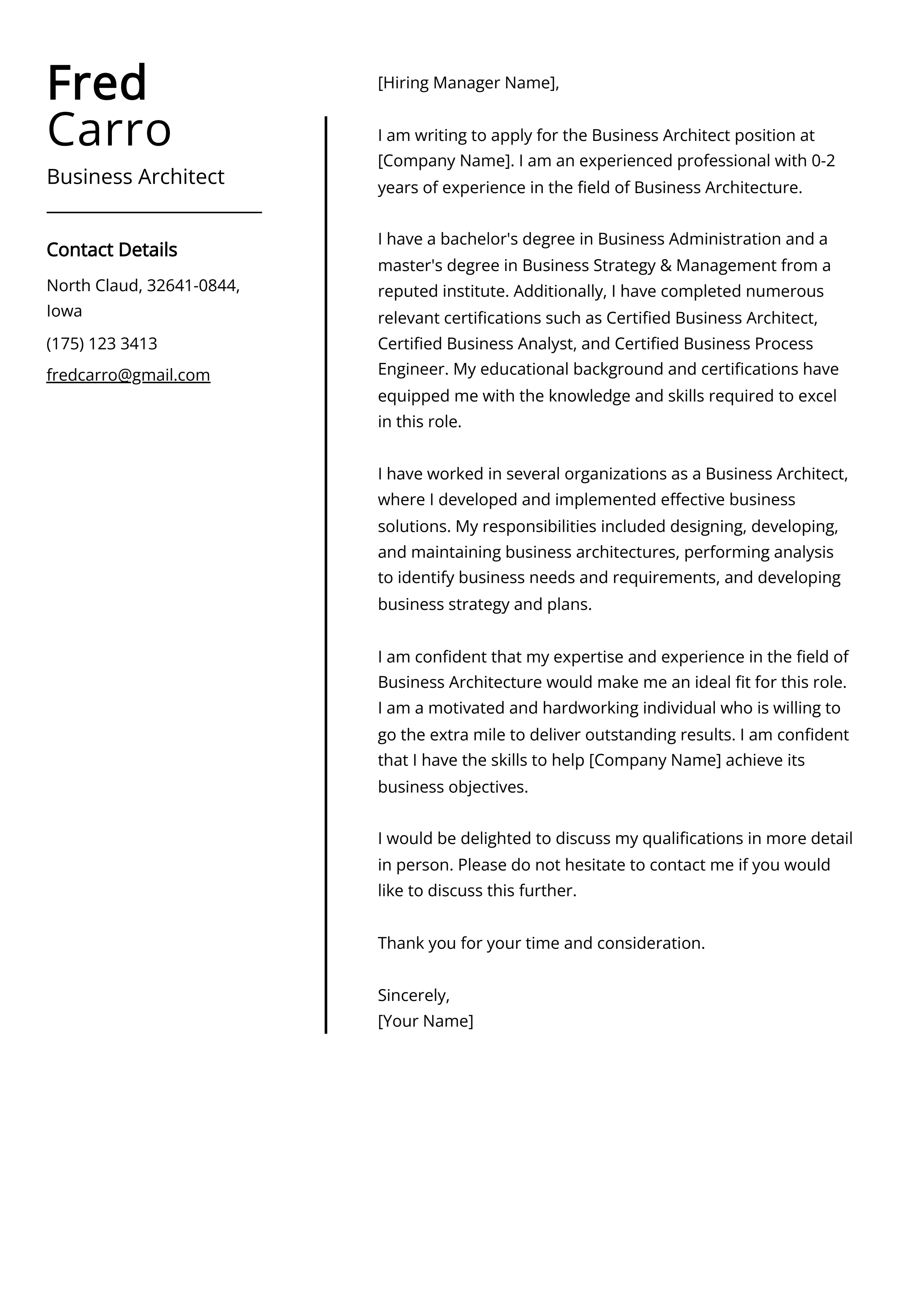 Business Architect Cover Letter Example
