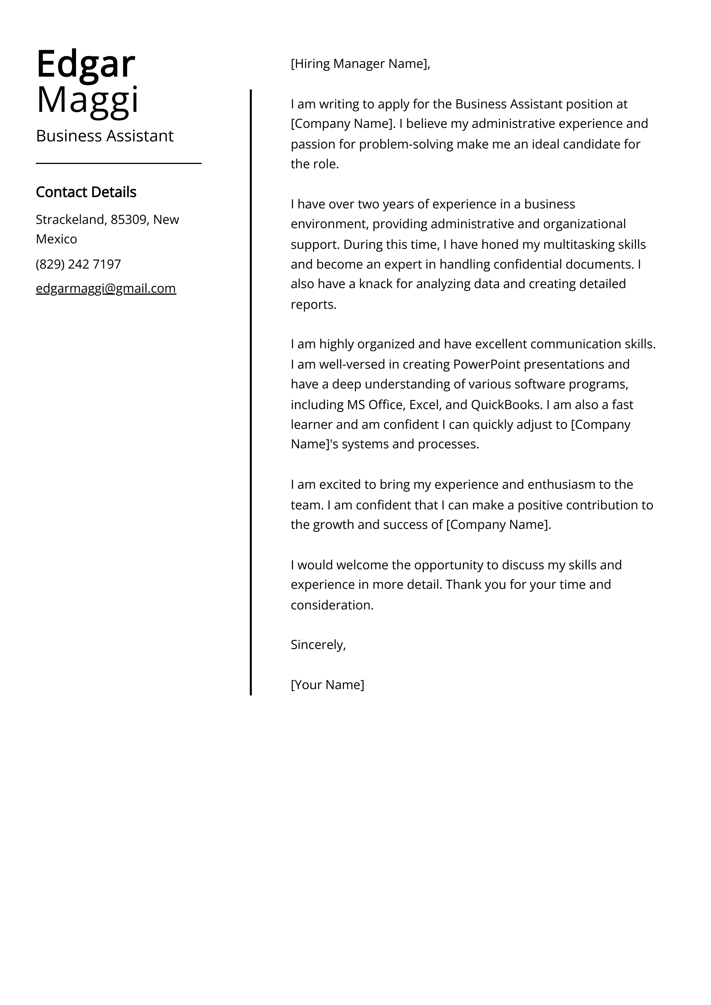 Business Assistant Cover Letter Example