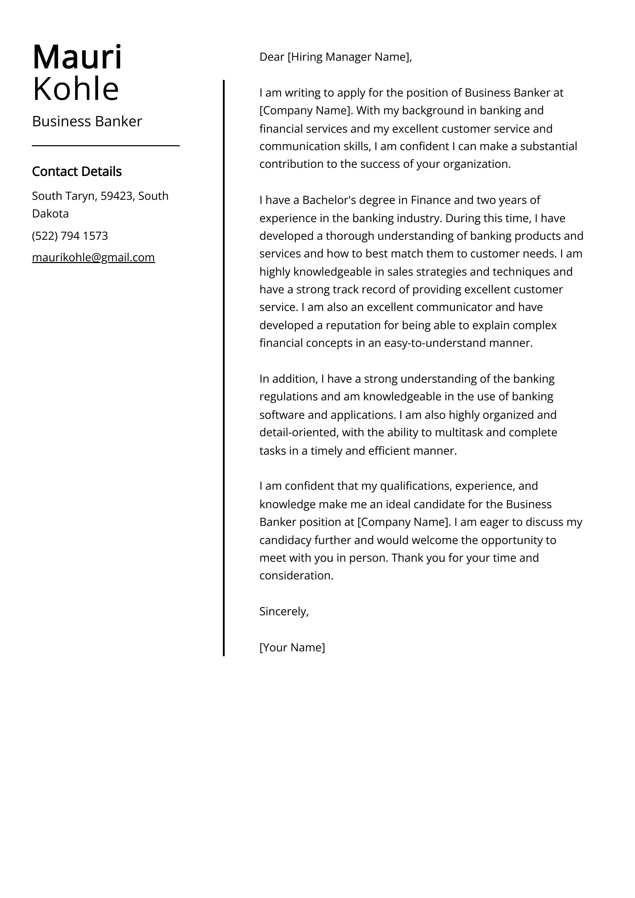 Business Banker Cover Letter Example