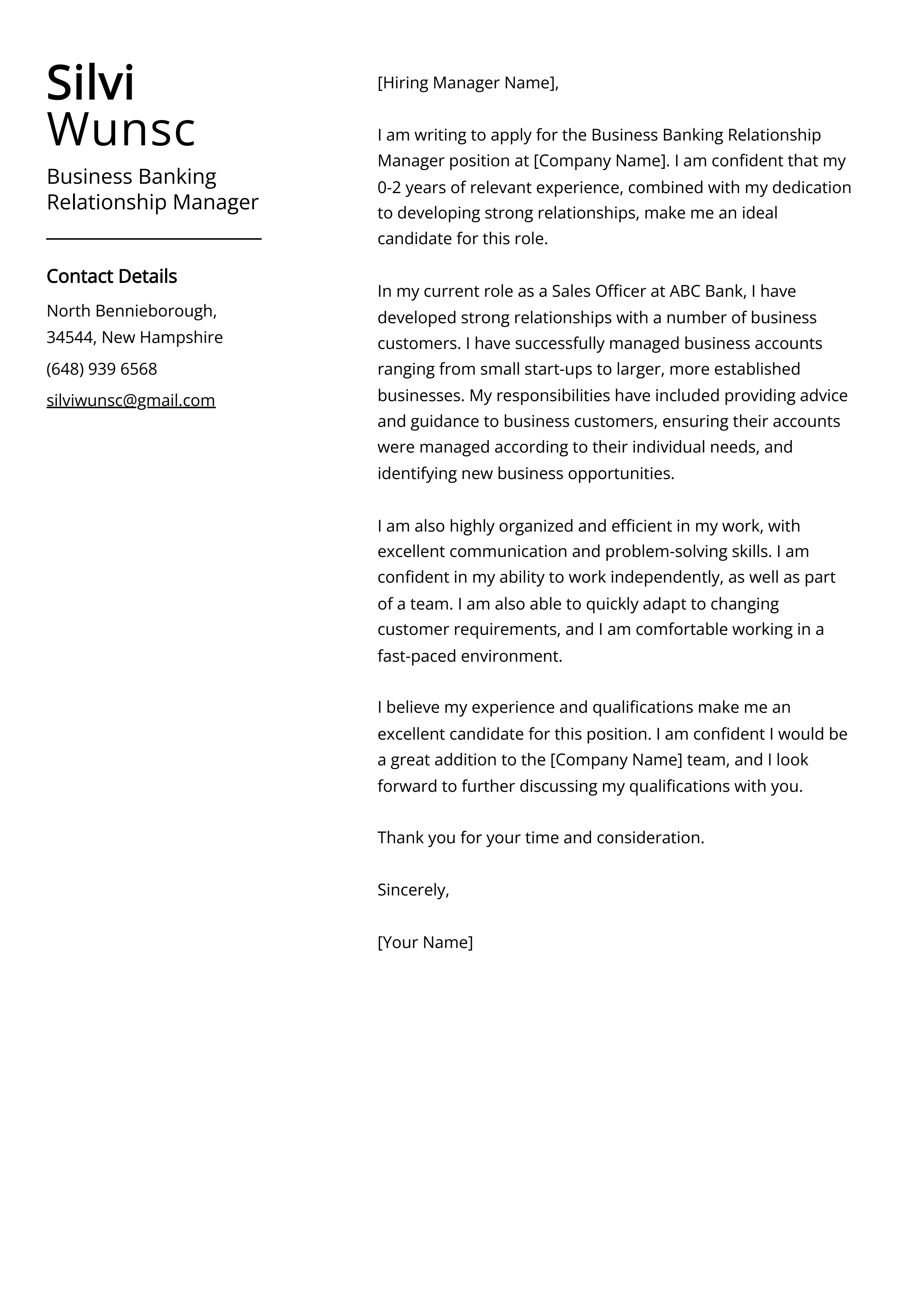 Business Banking Relationship Manager Cover Letter Example