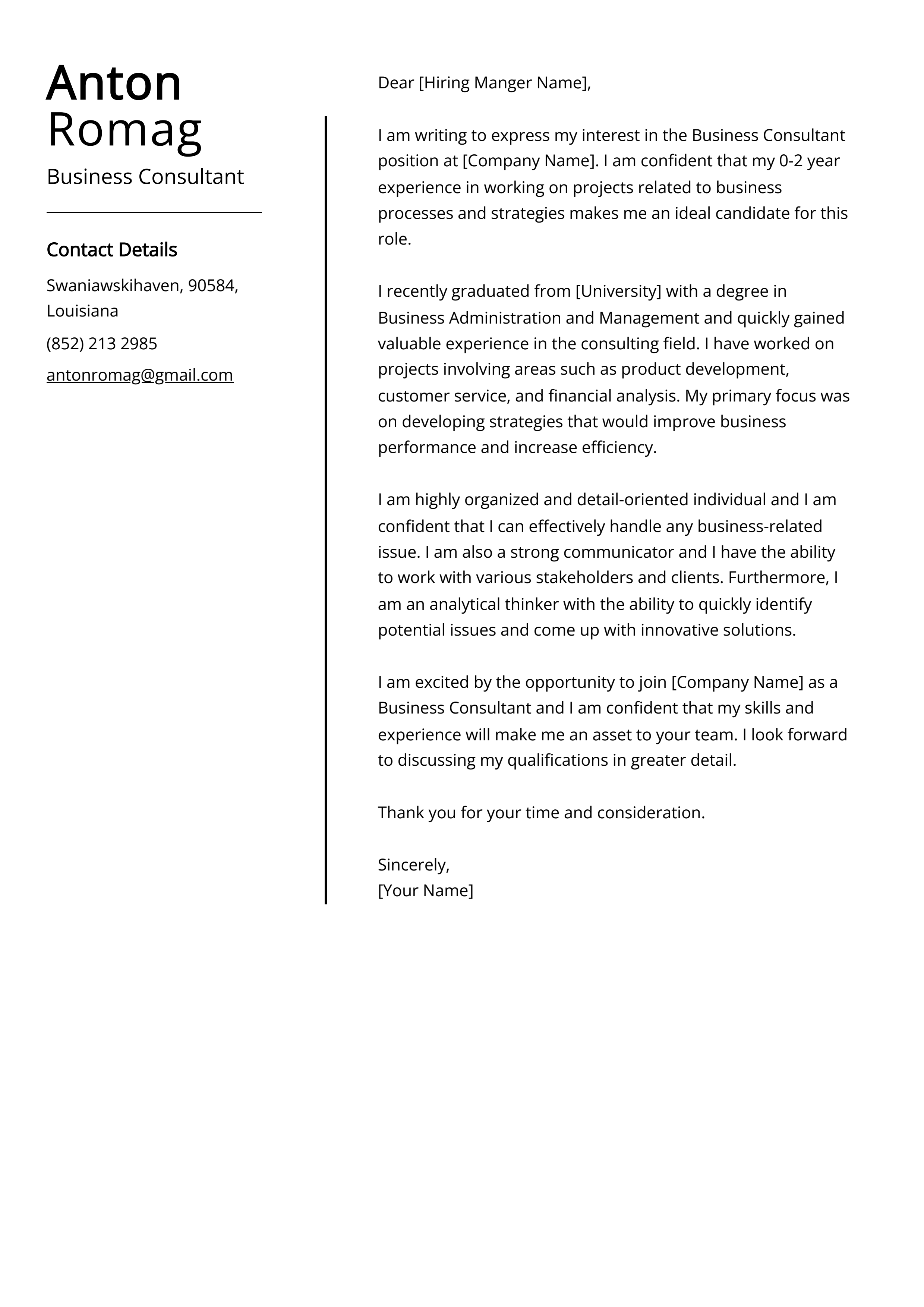 Business Consultant Cover Letter Example