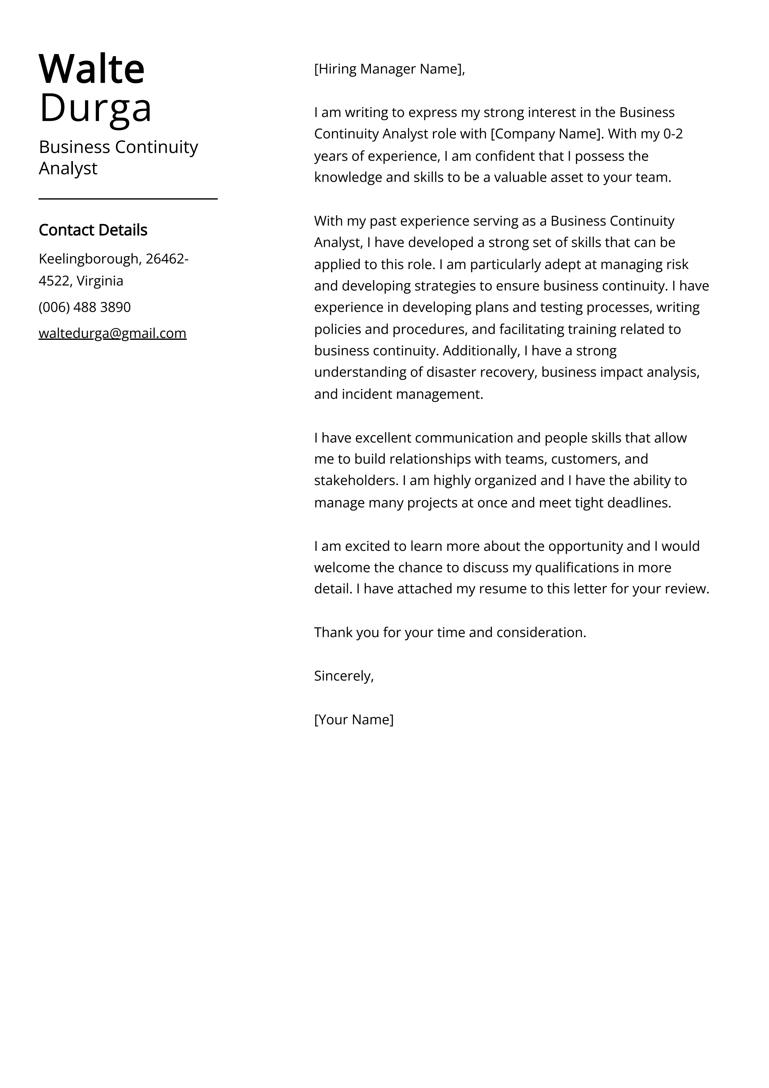 Business Continuity Analyst Cover Letter Example