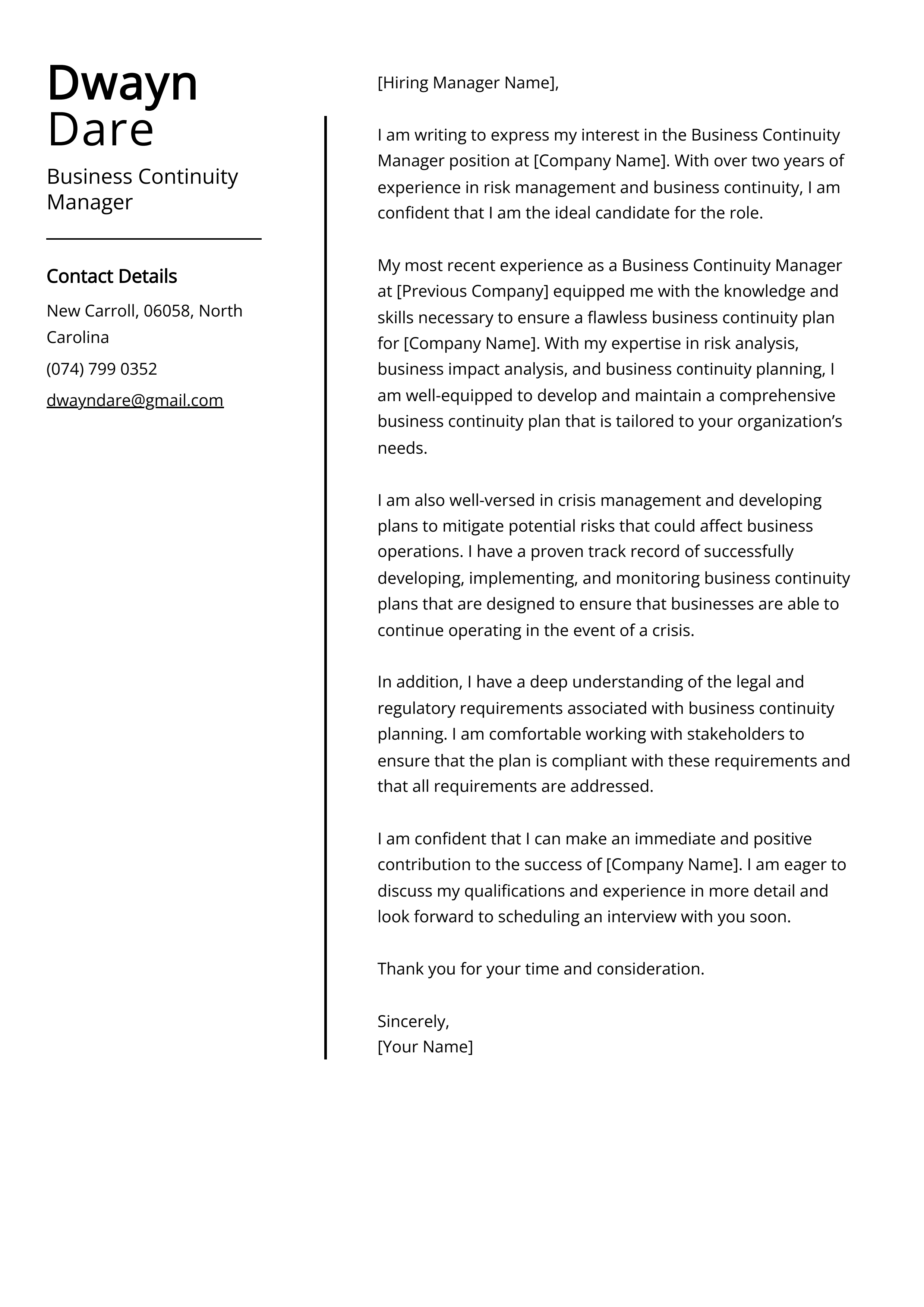 Business Continuity Manager Cover Letter Example