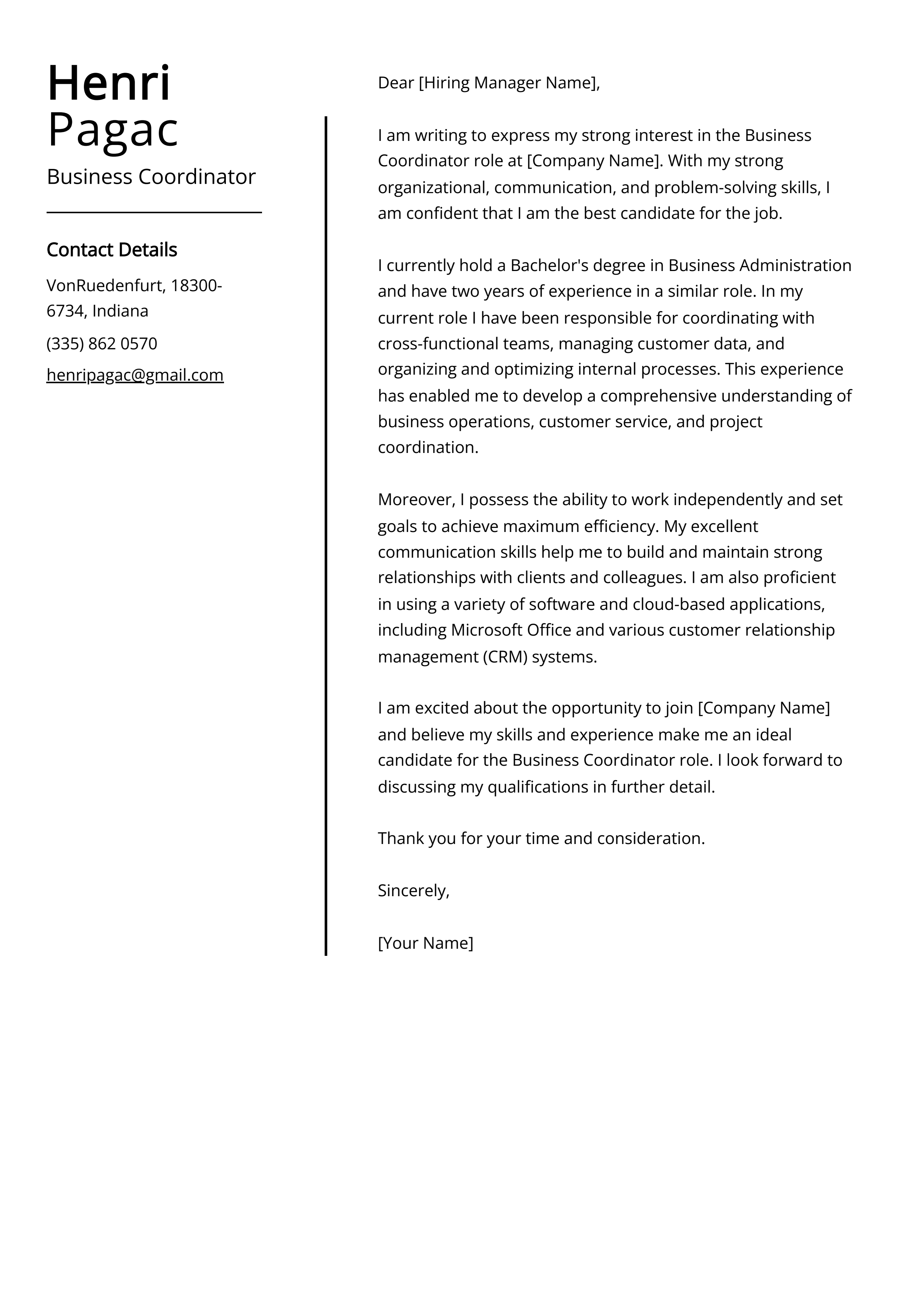 Business Coordinator Cover Letter Example