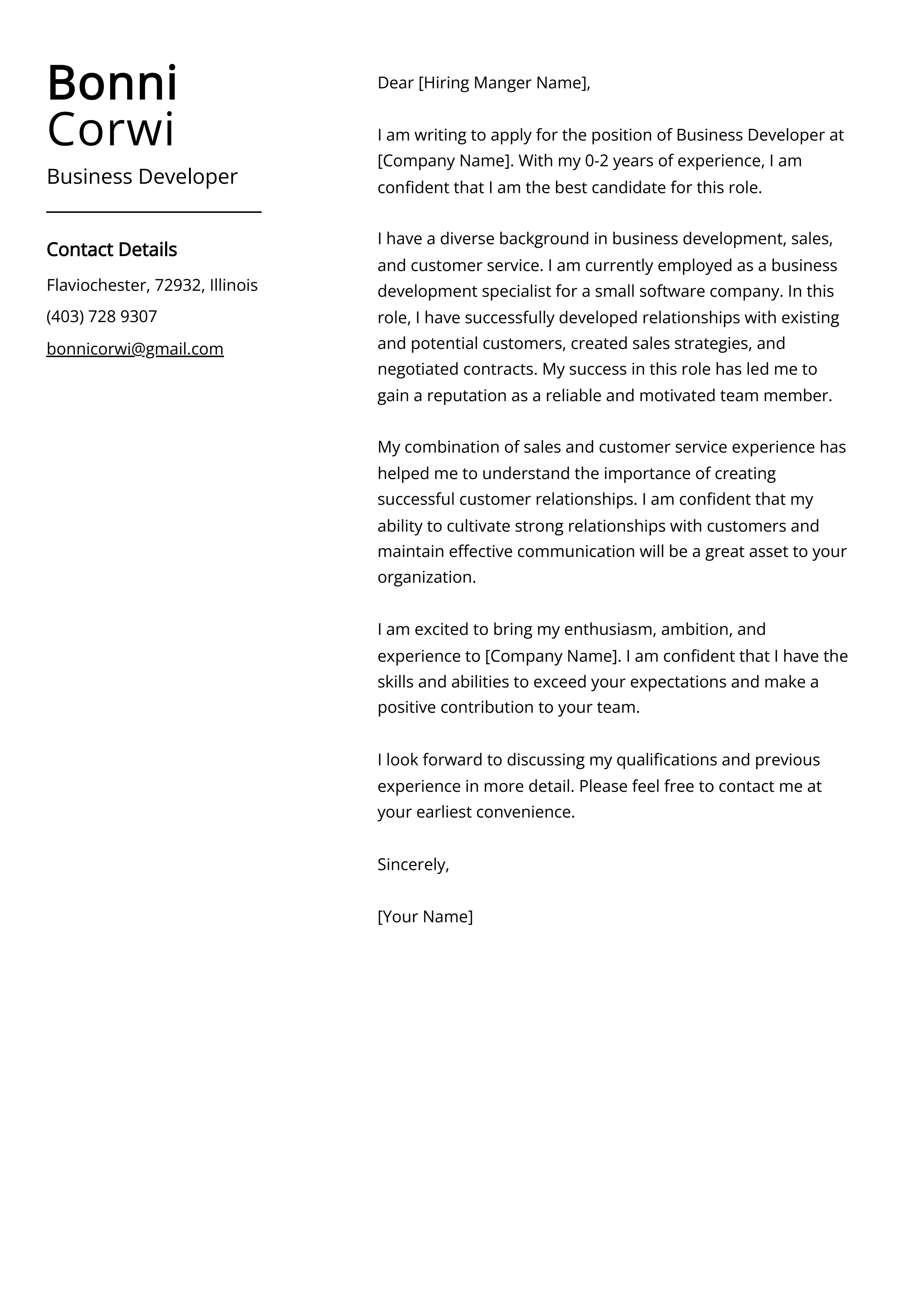 Business Developer Cover Letter Example