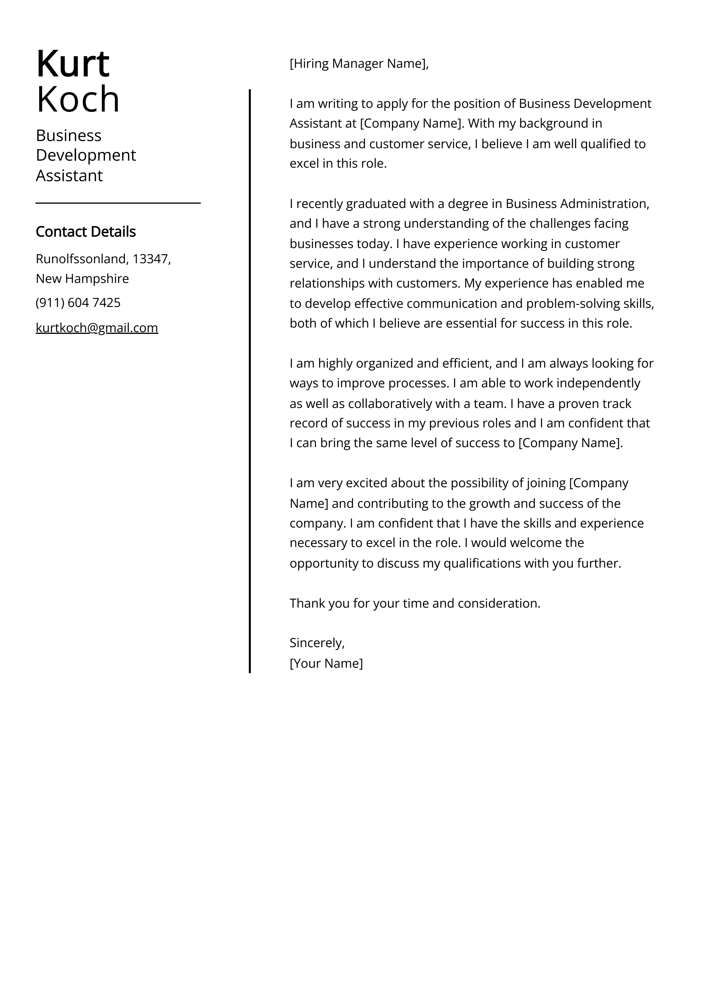 Business Development Assistant Cover Letter Example