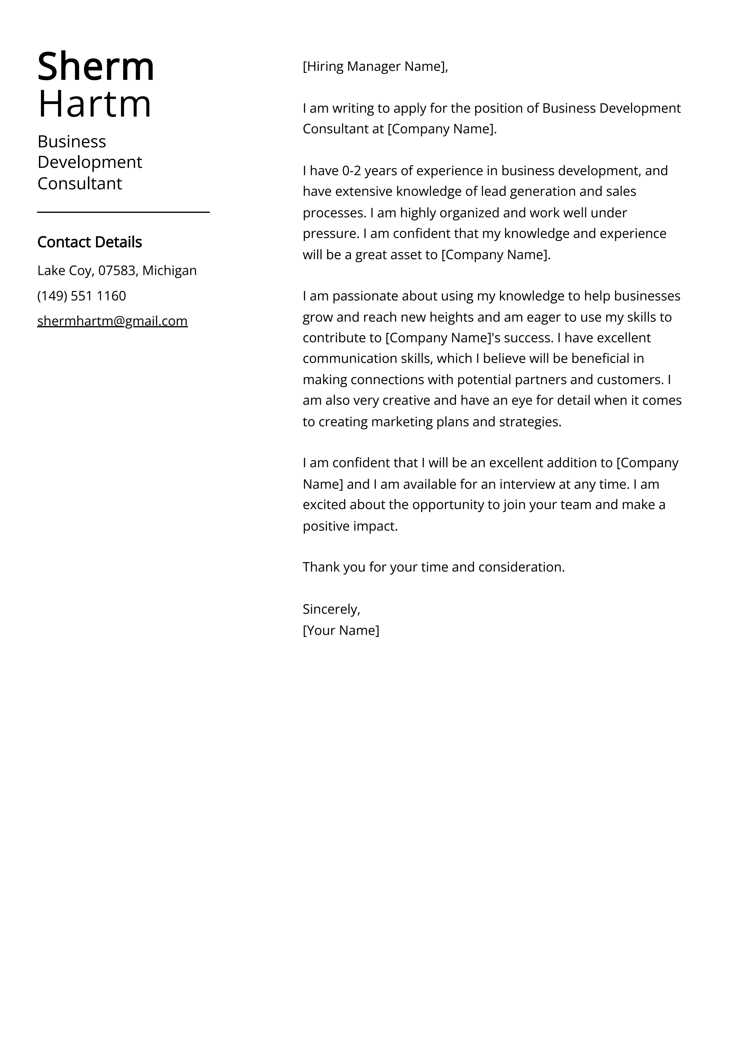 Business Development Consultant Cover Letter Example