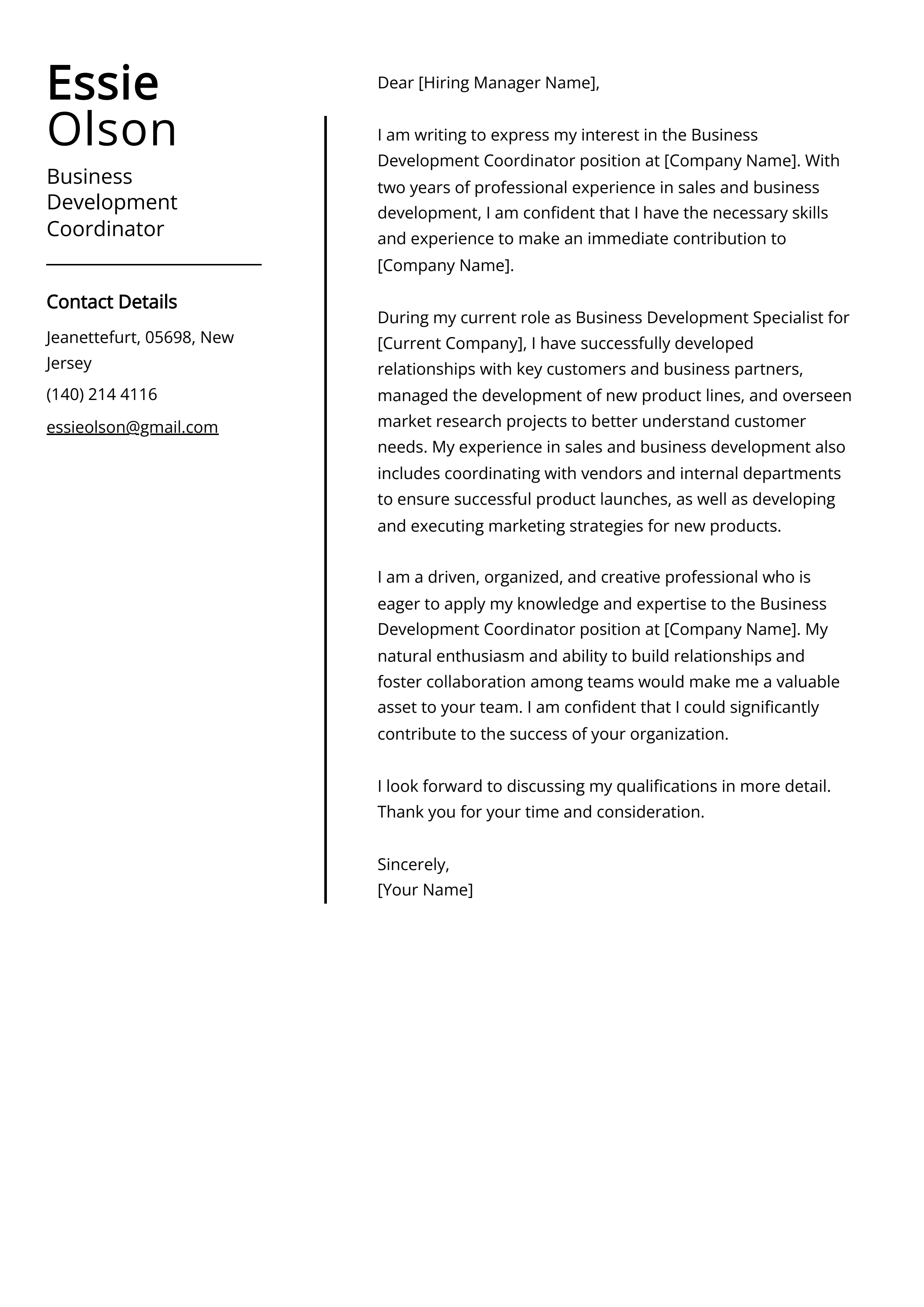 Business Development Coordinator Cover Letter Example