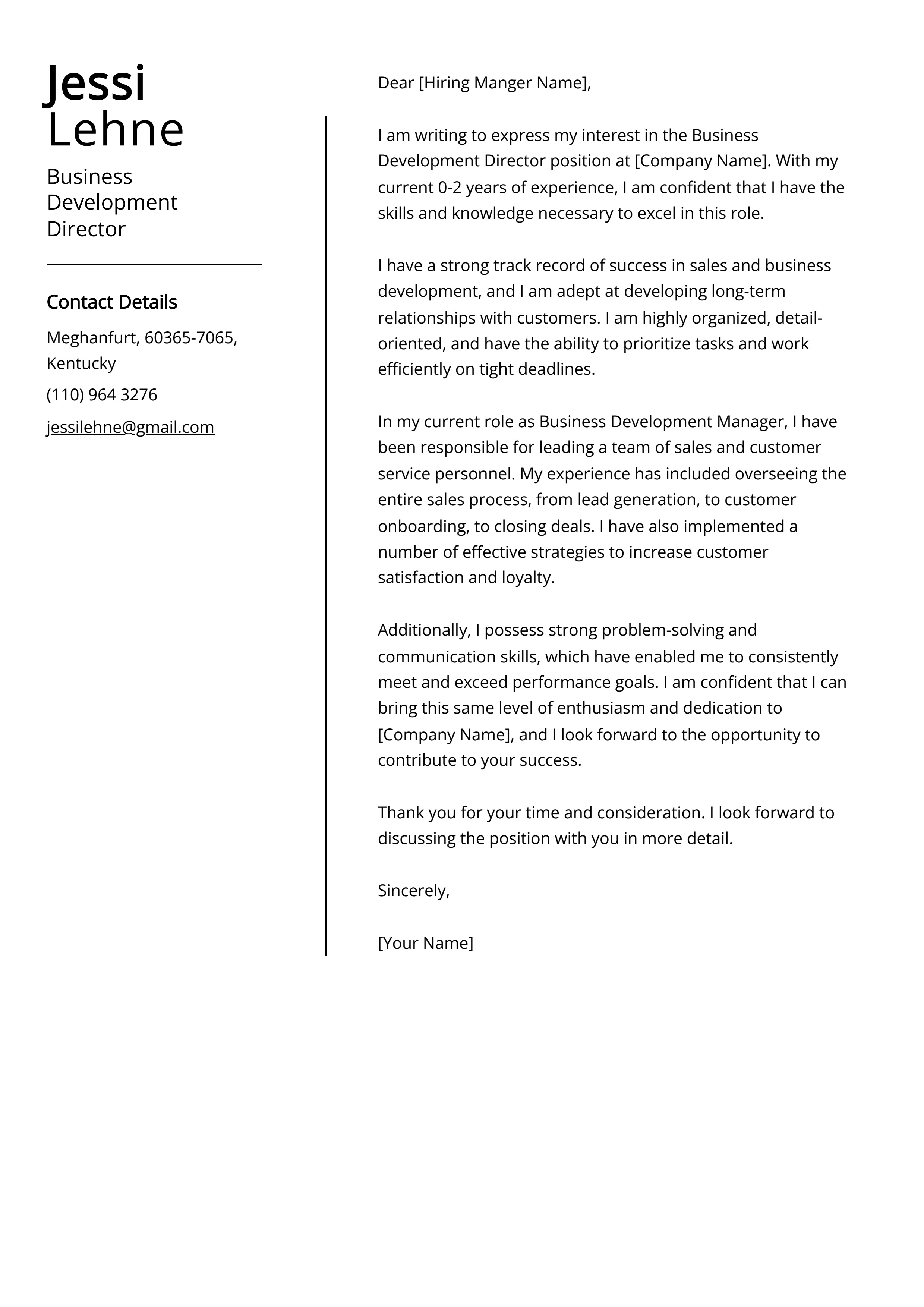 Business Development Director Cover Letter Example